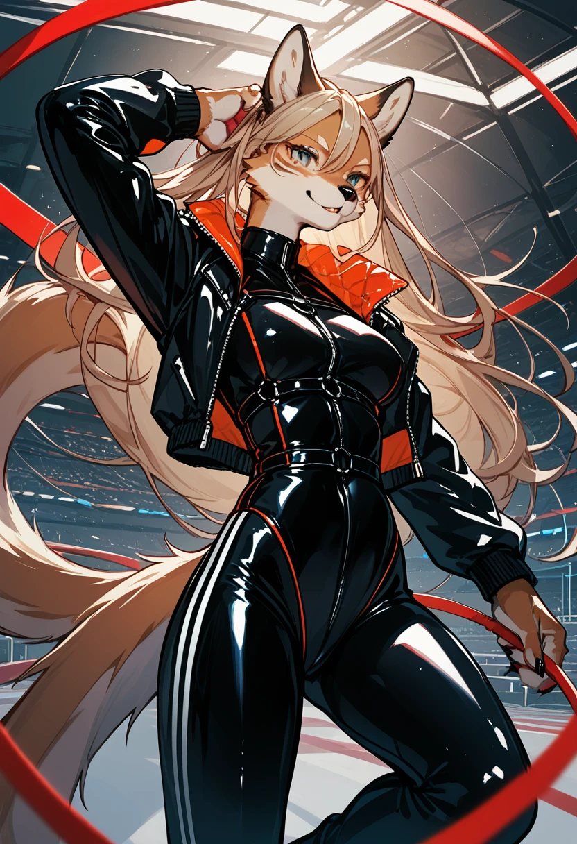 Highest quality, Highest quality, High quality illustrations, masterpiece, Ultra-high resolution, Detailed Background, cyber-, Absurd, Perfect Anatomy, performance, Good lighting, Shadows in the movies(kemono, Furry Personifi猫ion), Rubber suit, latex, neon, neonライト, neonカラー, Racing Suits, Leather Half Jacket, Harness