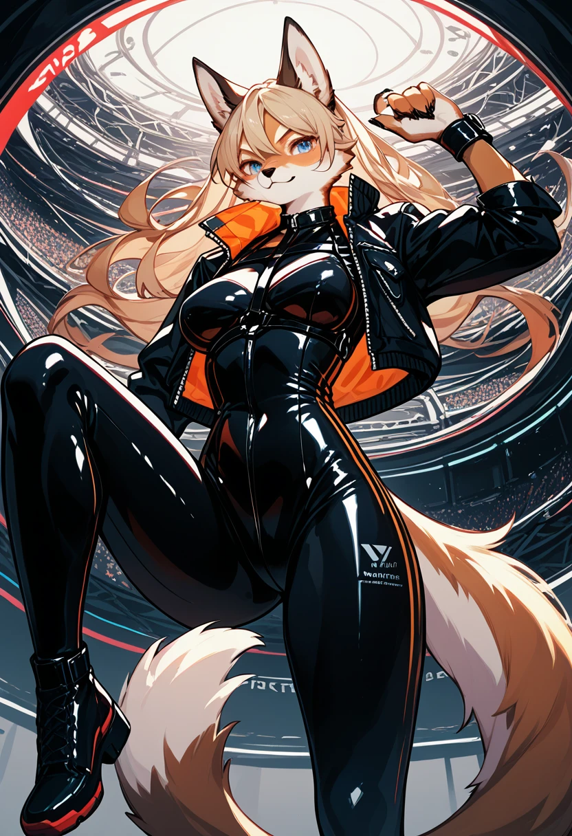 Highest quality, Highest quality, High quality illustrations, masterpiece, Ultra-high resolution, Detailed Background, cyber-, Absurd, Perfect Anatomy, performance, Good lighting, Shadows in the movies(kemono, Furry Personifi猫ion), Rubber suit, latex, neon, neonライト, neonカラー, Racing Suits, Leather Half Jacket, Harness
