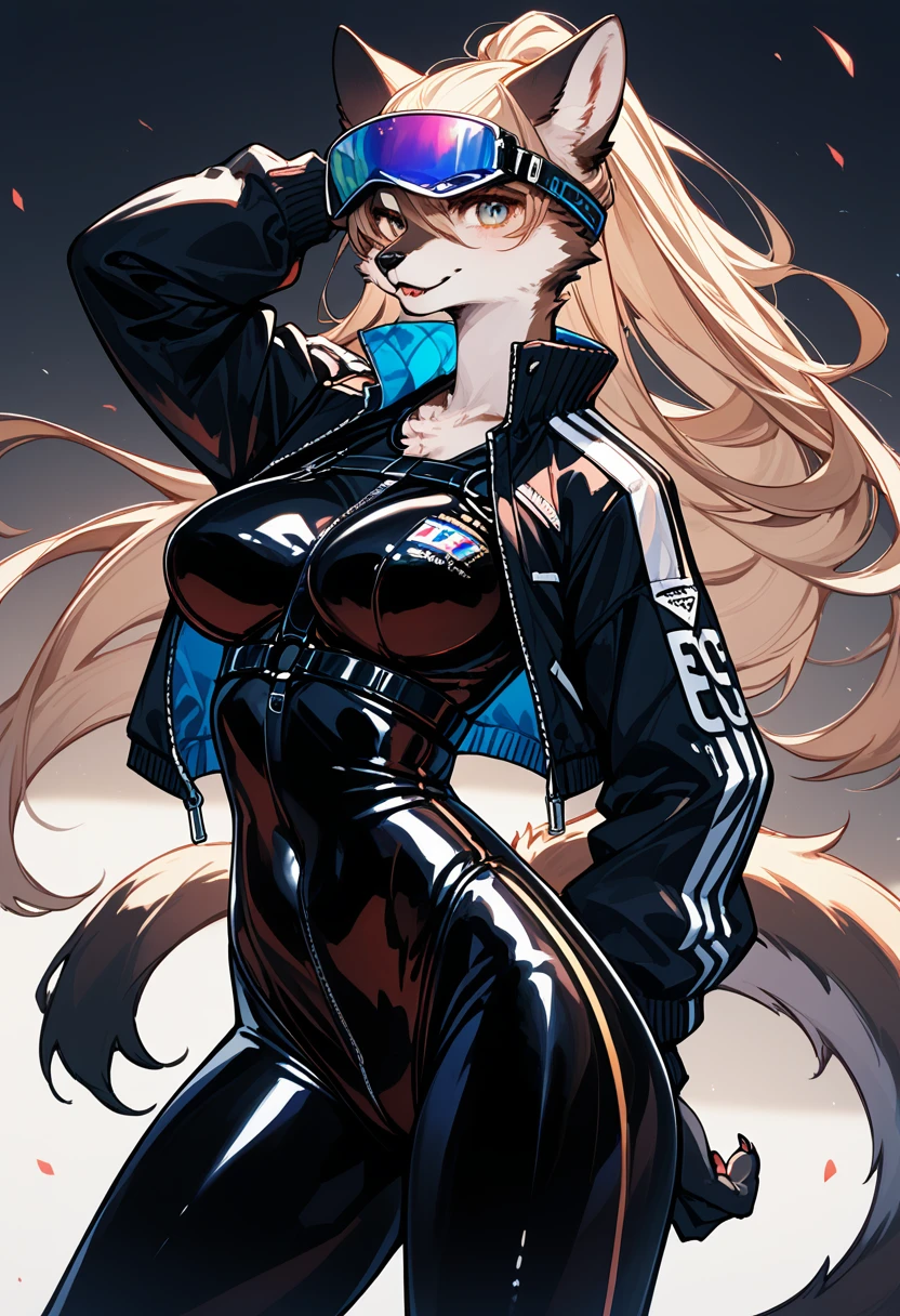 Highest quality, Highest quality, High quality illustrations, masterpiece, Ultra-high resolution, Detailed Background, cyber-, Absurd, Perfect Anatomy, performance, Good lighting, Shadows in the movies(kemono, Furry Personifi猫ion), Rubber suit, latex, neon, neonライト, neonカラー, Racing Suits, Leather Half Jacket, Harness