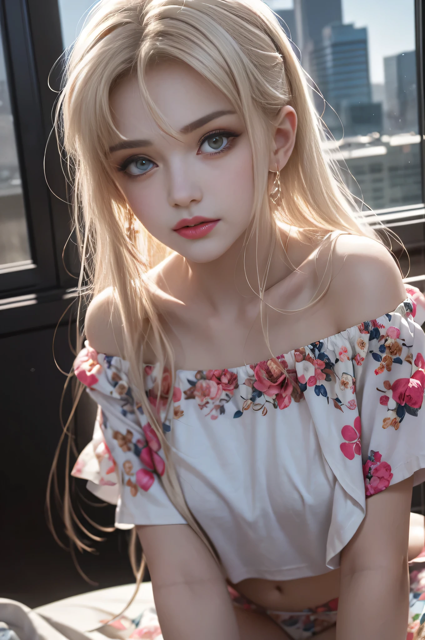 ((Girl sitting on train seat)),Bright expression、Younger, brighter, whiter skin、Best Look Rondo Reflective Light、Platinum blonde hair with dazzling highlights、Shiny bright hair,、Super long, silky straight hair、Shiny beautiful bangs、Shining transparent attractive big blue eye、A very beautiful, lovely and cute 16 year old girl、Ample breasts,Beautiful and detailed eye, Beautifully detailed nose,(( whole body:1.5)),Makeup that accentuates the eyes、Royal Style,Comic book style, , Scattered beneath the surface, Glamorous decoration, Nature background, Super huge breasts, ((cinematic)), Dramatic lighting, Tabletop、((Off-shoulder T-shirt with floral print on white:1.4))、(Loose and fluffy perm:1.4)、One Girl、((Bob Hair:1.3))、Ultra-realistic 8K CG, Perfection face, perfection, clean, Tabletop, Professional artwork, Famous works of art, Perfection face, Beautiful Face, Beautiful eye, ((perfection female body)), alone,(Immersive atmosphere, clair obscur:1.5,Bright light:1.2,Bright lighting),(blush:0.5),A captivated look,Very detailed_eye,Thick thighs,big,Beautifully detailed backgrounds,Depth of written boundary,Realistic:1.3, Long Shot,Sitting, whole body, (Ambient Light:1.3),(cinematic composition:1.3),(Neon Light:0.1),(Hmph:0.1),Accent lighting, pantyhose,((Out of the window, Blurred skyscrapers))、(())、(Puffy eyes:1.2)、 (Thin legs),(Light on face and chest)、(((((Underbust)))))、Lower Breast、Oily skin、skinny、 (The underside of the chest is slightly visible),(The underboob is visible、I can see your belly button and ribs)、The hips and lower abdomen are visible、Dark blue flared skirt、(Lift up your skirt),((White thong panties are visible)),