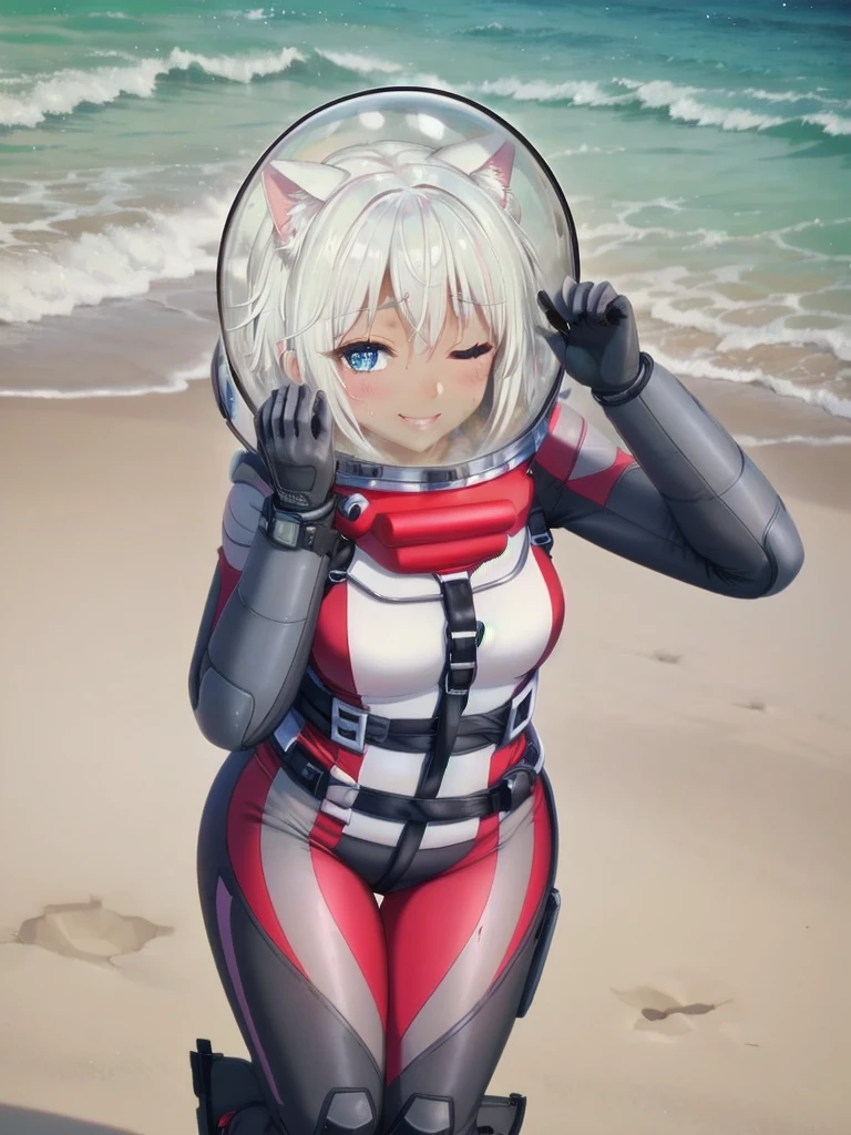 Highly detailed CG, 8k_wallpaper, top quality, masterpiece, higher eyes and nose, very delicate and beautiful, beautiful, detailed, very detailed, intricate, photorealistic, very detailed, (blue eyes: 1), (beautiful hands) , (beautiful fingers ), , (flat chest1.5), necklace (water:1.3), beach, (abs:1.3), (messy hair:1.5), (leaning forward:1), staring audience, (smile:1.3), (one eye closed:1.2), (sweating), (beautiful toes), (6 years old:1.5), (1female), (ash white hair:1.5),(middle hair:1 ), (dark skin: 1.4), (thigh girth: 1.3), beautiful, narrow waist, white thigh highs, skin curve, narrow waist, thighs, wide hips, eyeliner, eyelashes, perfect face, detailed eyes, (dark skin : 1.5),,,swimsuit, space helmet, CAT EARS, bubble helmet, eva helmet, WHITE BODYSUIT, FROM BELOW