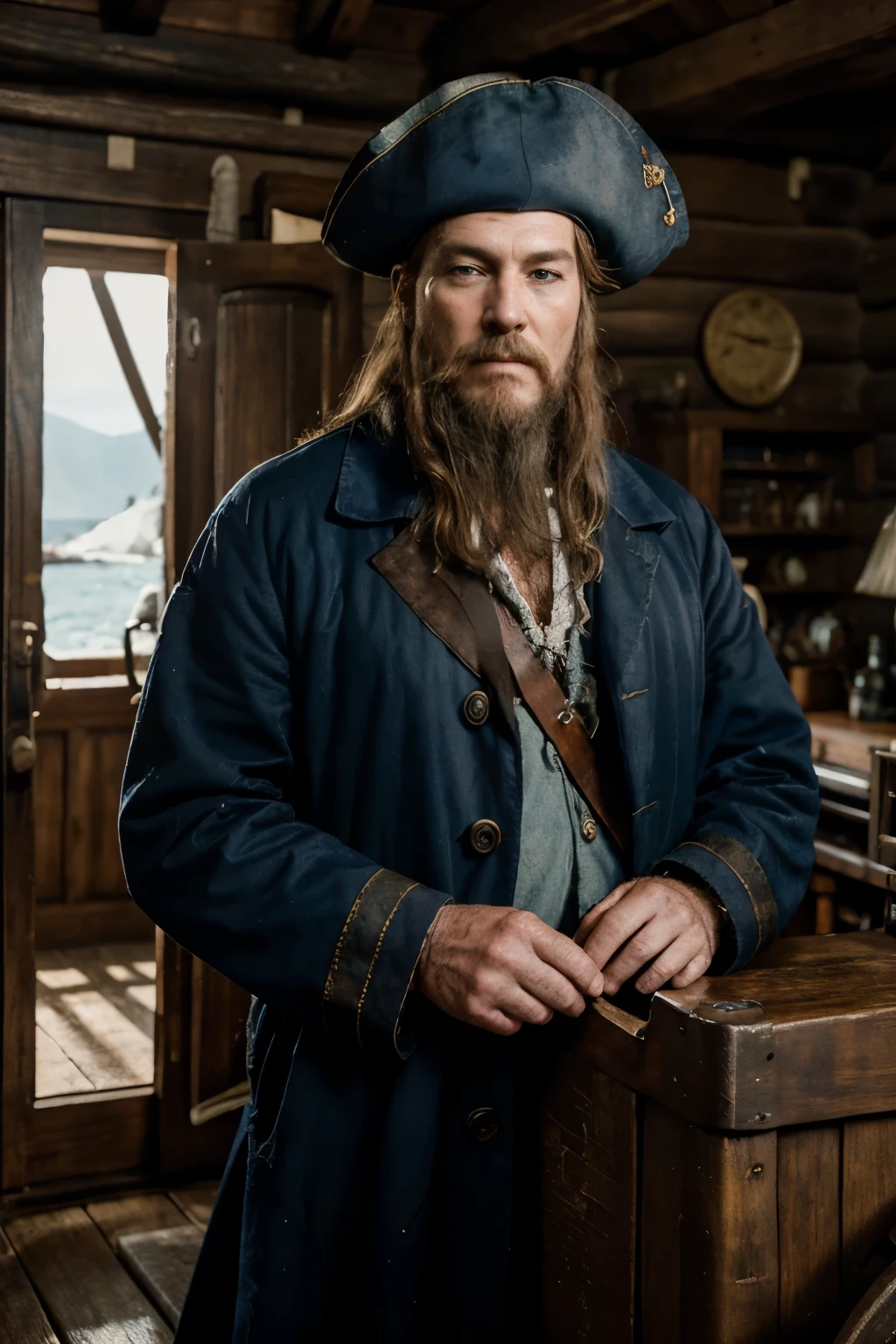 draw and draw pictures when pirate Captain Bill was coming to the Admiral Benbow Inn with his sea chest behind him on the hand cart and someone help him. and Jim's Father open the door for him. And talk Jim's Father. Captain Bill had long scars on his face on right cheek. And wore old blue coat. And don't have beard. 3d style