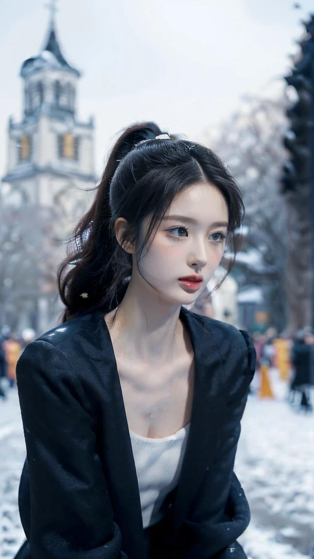 ((((8k))),((Extremely meticulous CG)) ,(wallpaper),16k,((Extremely refined and beautiful)),(((Masterpiece))),(((best qualtiy))),(((Ultra High Resolution))),beautiful light up,Perfect lightning,realistic shaded,[A high resolution],(Smooth and flawless fair skin:1.5),(pale skin:1.3),Extremely exquisite facial details,(perfect body:1.1),ultra-detailed,A beautiful girl,solo,small head,(short ponytail:1.1),small face,Exquisite makeup,(perfect breasts:1),flat chests,slim,thin,(black winter coat:1.3),(slender legs:1.2),(pants:1.2),(sneakers:1.1),(day scene:1.5),outdoor,(On the street:1.3),(In front of a huge church:1.3),(detailed background:1.5),(standing:1.3),(upper body:1.2),(from front:1.3),(Surrounded by crowded crowds:1.5), (no shirt), (big breasts), (tattoo between breasts)