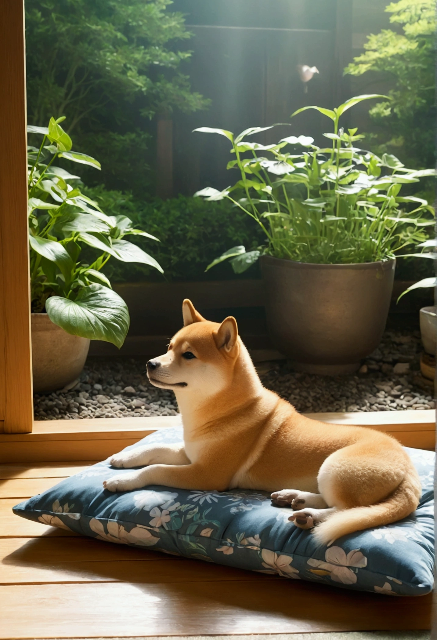 Makoto Shinkai Taste, Beautiful garden, （Shiba Inu Puppy, sitting on a cushion）Healing scenes,Inside a Japanese house,Wide angle、