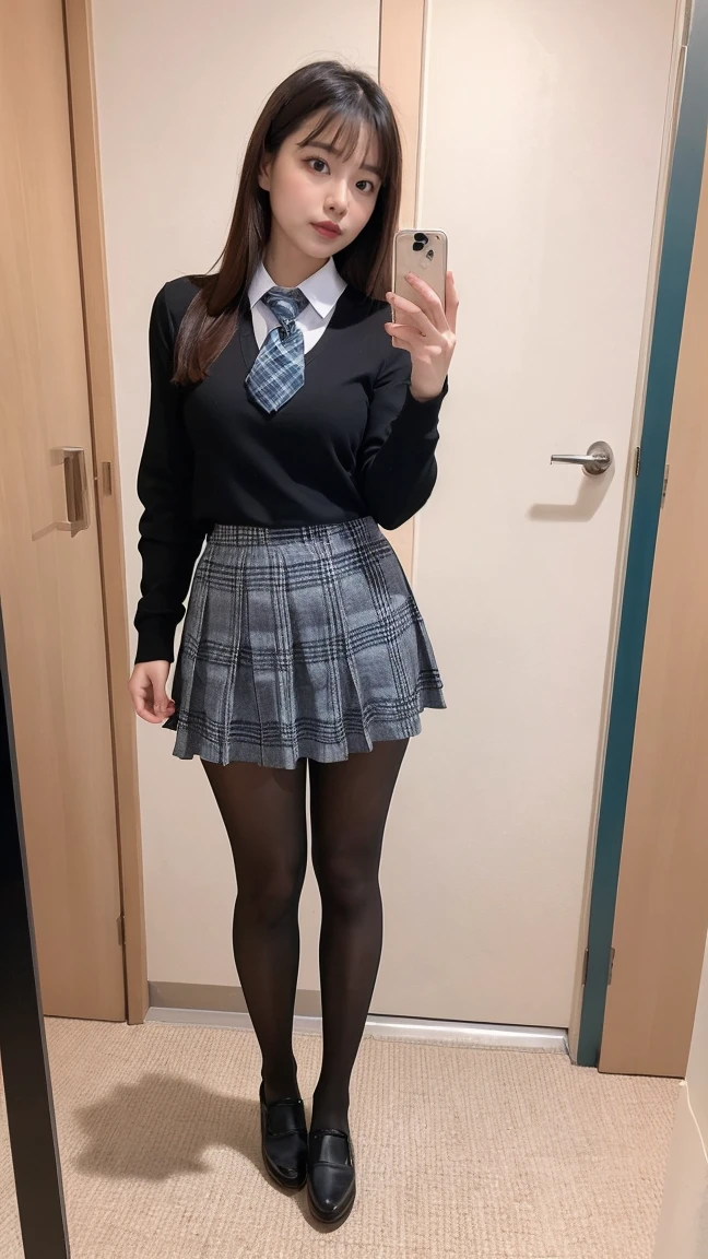 (((8K、High resolution、Highest quality、High resolution)))alone、Natural body shape、White skin、Natural Makeup、((Black Hair、bangs、Straight Long Hair))、((()))、、(:1.4)、(())、(((((Full body photo)))))、(((Looking into the camera)))、(((Wear a uniform on the upper body)))、Bedroom、(((Of high school))) 、((white collared long sleeve blouse))、((Beige cardigan))、((Pleated skirt with dark blue plaid pattern、mini skirt、Ultra-realistic pantyhose))、、、Expressionless、((Exposing thighs))