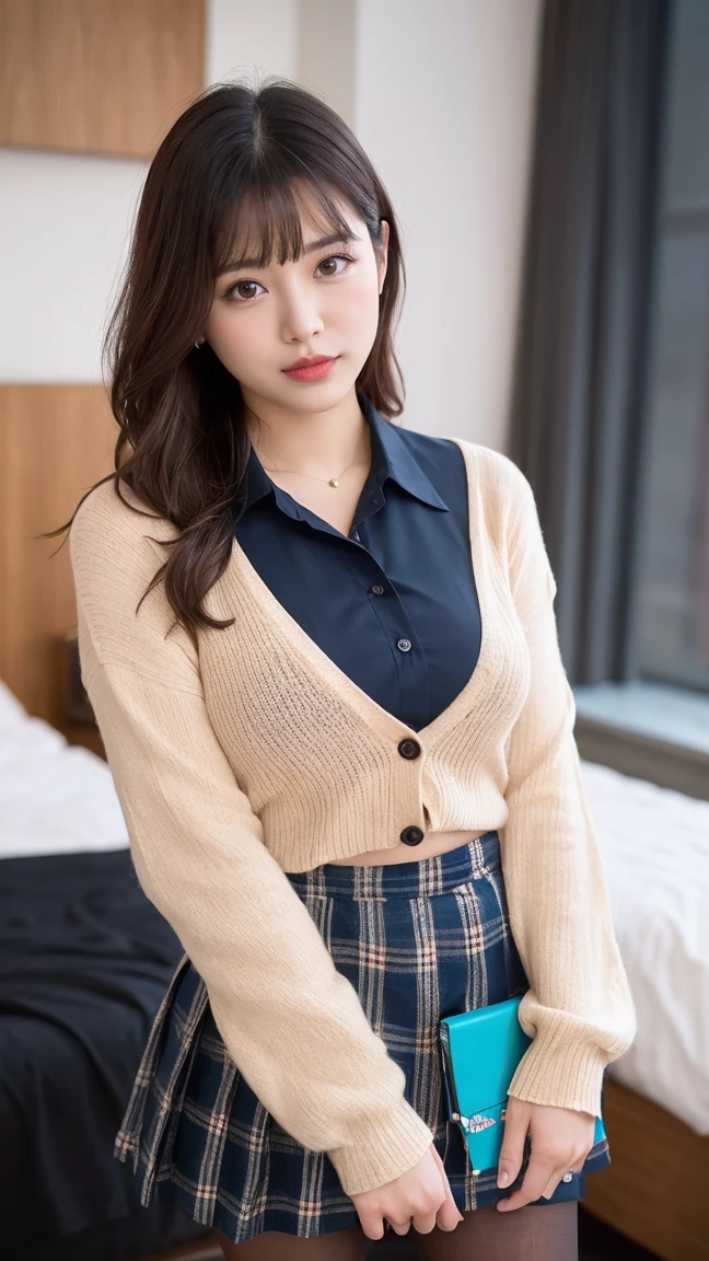 (((8K、High resolution、Highest quality、High resolution)))alone、Natural body shape、White skin、Natural Makeup、((Black Hair、bangs、Straight Long Hair))、((()))、、(:1.4)、(())、(((((Full body photo)))))、(((Looking into the camera)))、(((Wear a uniform on the upper body)))、Bedroom、(((Of high school))) 、((white collared long sleeve blouse))、((Beige cardigan))、((Pleated skirt with dark blue plaid pattern、mini skirt、Ultra-realistic pantyhose))、、、Expressionless、((Exposing thighs))