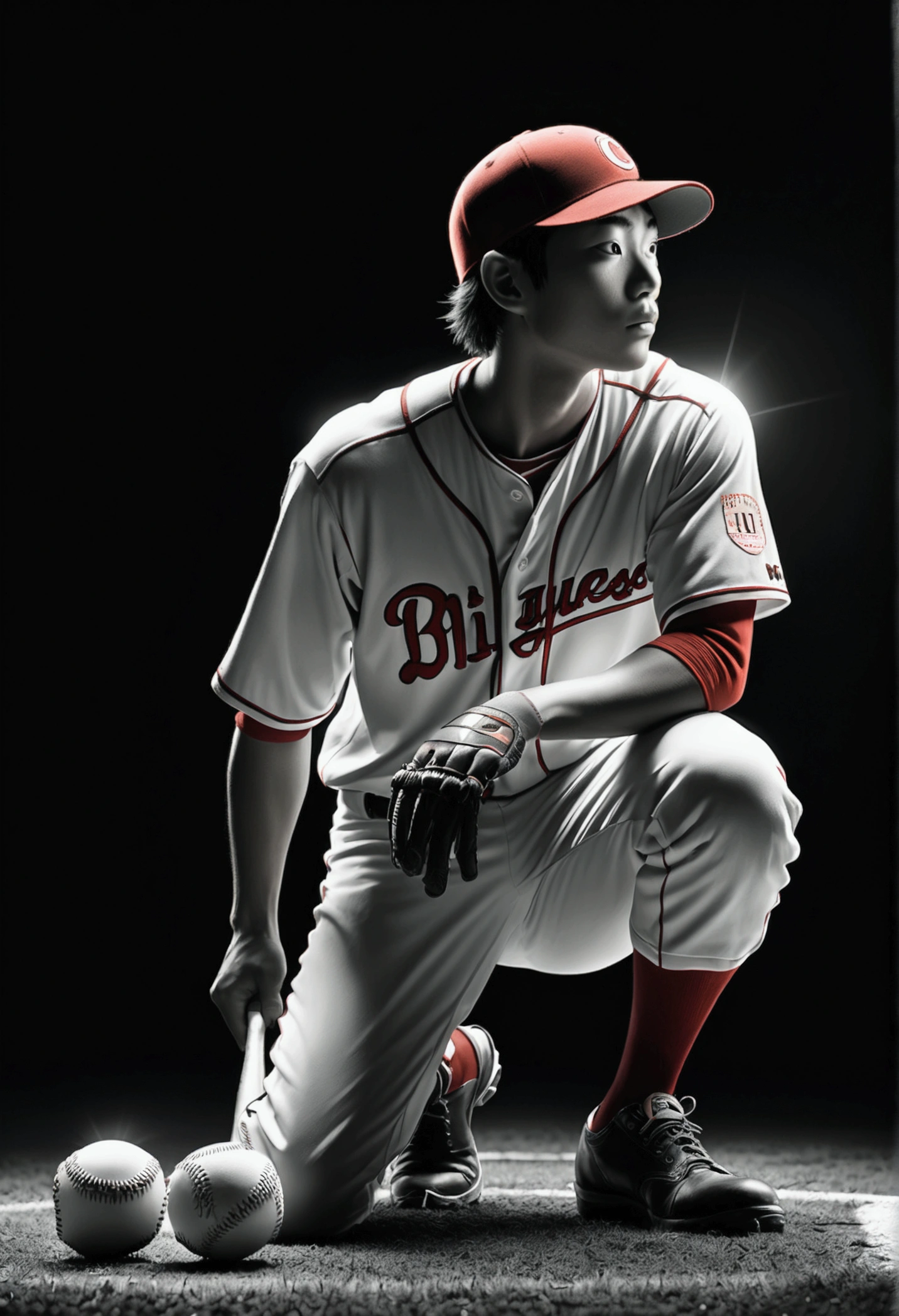 (Baseball Player), Capture the ethereal light and shadow in a stunning photograph with selective color details, revealing the hidden poetry of (glowing objects), full body, award-winning, cinematic still, emotional, vignette, dynamic, vivid, (masterpiece, best quality, Professional, perfect composition, very aesthetic, absurdres, ultra-detailed, intricate details:1.3), by Naoki Urasawa