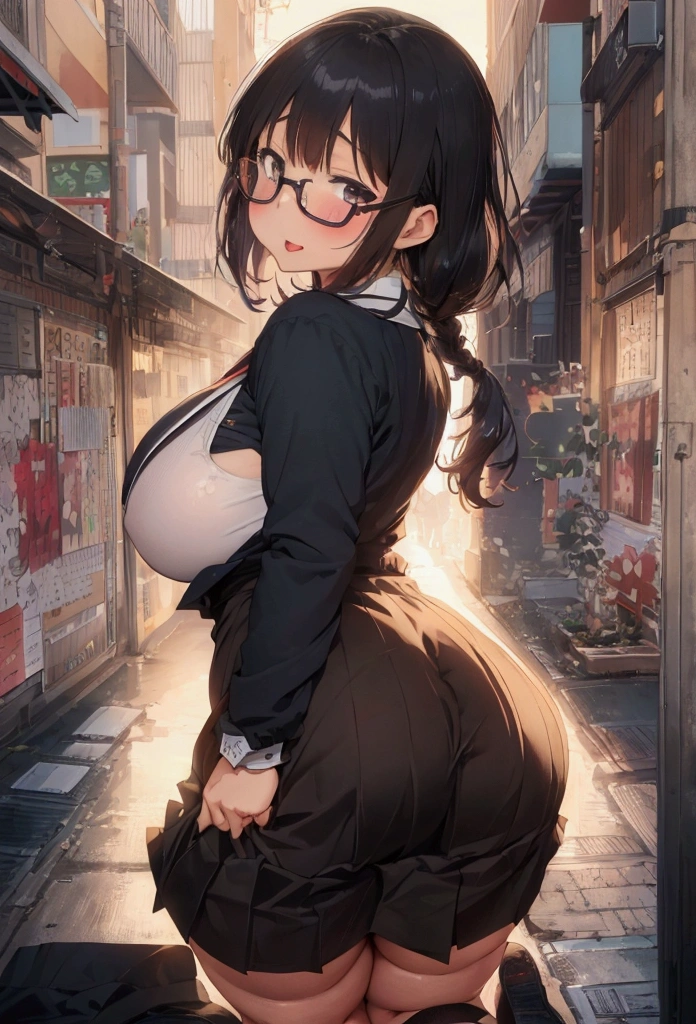 Anime girl with glasses and black dress standing on the sidewalk, Half Yamada, a hyperRealistic , Anime Moe Art Style, hyperRealistic , Gwaiz, , Enchanting anime girl, Beautiful anime girl crouching, Realistic , Anime girl in a black dress, artwork in the style of Gwaiz, chic,(Hands on hips),(Put your hands on your hips),(masterpiece), (One serious civil service commissioner: 1.3), (Super thick and plump body: 1.3), (Huge breasts and buttocks)), (Small Head: 1.2), (Very small uniform)), (Shiny skin: 1.2), (A speech while crouching in the stands in the schoolyard in the morning)), {fat},1boy, penis, doggystyle, from behind, spreadassms, chubby body, fat body, short,ultra detailed, masterpiece, best quality, blush, a woman, rolling eyes, open mouth, school girl, wearing , wearing glasses, classroom, sunset, light particles, hdr, brown grey hair, midium wavy hair, shiny hair, bang, single braid, clear grey eyes, Smiling Kiss, Tongue Out, アニメ ,orgasm face, sexual climax, bitch, back shot, back view, low angle, from below, back view, arched back, looking back, all fours, chubby body, BIG ASS , saliva, BBW, slender waist, anal, seiza, hands on head,white eyes, Hand Drawn, Showing Ass, Bobcut, Knee socks, (Super thick and plump body: 1.3), Butt sticking out, Close your legs, seiza, spread legs, pleated skirt, Stretch your arms back, long pleated skirt, I can't see your butt, Buttocks hide, Arms folded behind back, Super big butt, Awesome numbness , Plump , Chubby, Butt sticking out,