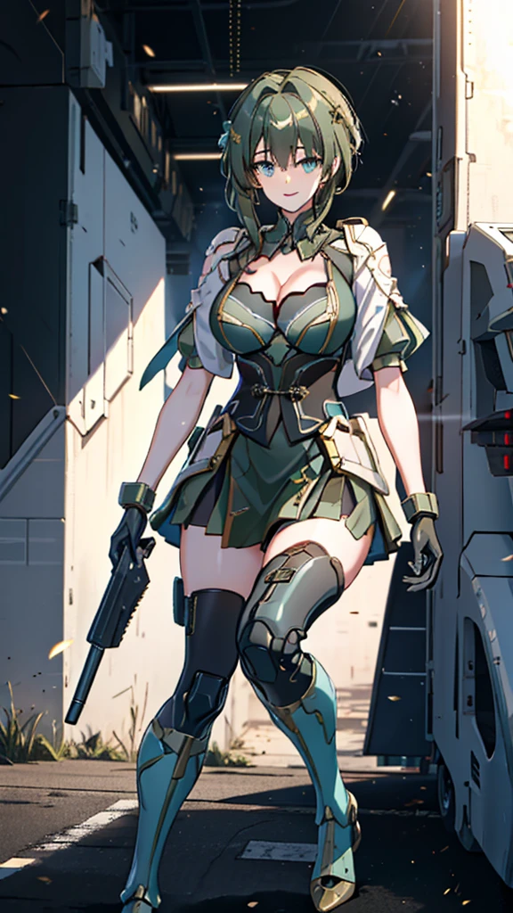 Military green translucent armor，Arm mecha，light blue short hair，Braided hairstyle，Large Breasts，Cleavage，Pistol hanging from waist，fighter pilot，fighter hangar，Sexy，Lipstick，miss，Golden Eyes，stockings，Short skirt，Smile