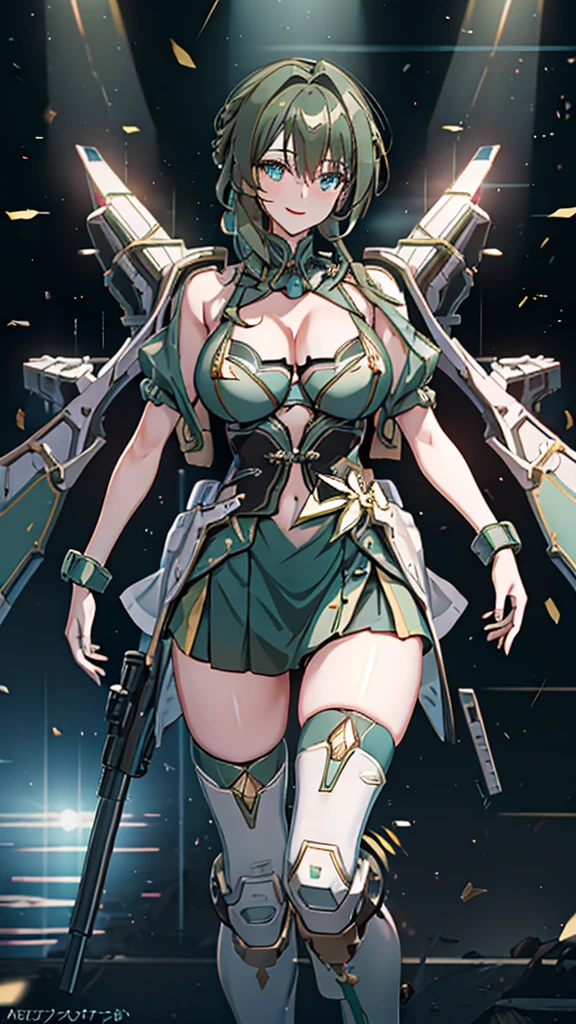 Military green translucent armor，Arm mecha，light blue short hair，Braided hairstyle，Large Breasts，Cleavage，Pistol hanging from waist，fighter pilot，fighter hangar，Sexy，Lipstick，miss，Golden Eyes，stockings，Short skirt，Smile