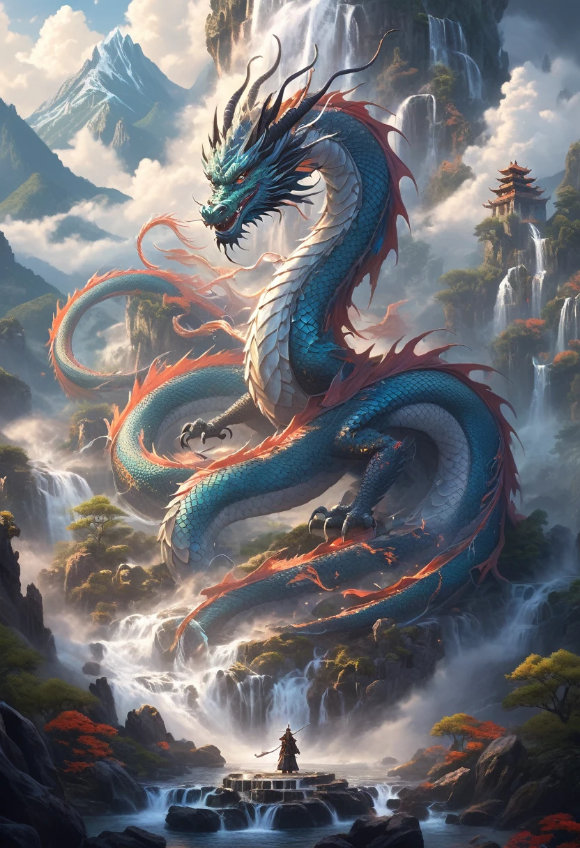 (Pixel art:1.3), (alone:1.3), In a fascinating fantasy scene ((Anthropomorphic oriental dragon dark wizard)) Ominous and seductive, Wears legendary robes decorated with intricate magical symbols, Majestic Mountain々A mysterious landscape with, waterfall, ancient ruins, surround the turkey ((An ominous magical force swirls from the staff.)), (Highest quality, masterpiece, Representative works, Official Art, Professional, unity 8k wallpaper:1.3)