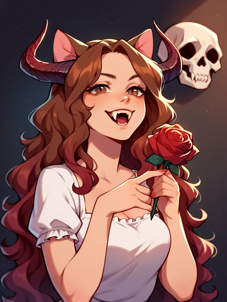 Half body, A pretty woman, long black wavy hair, Brown eyes, unclothed, cat ears and tail, fangs, horns, sexy, holding a skull, and filled the place with red roses.