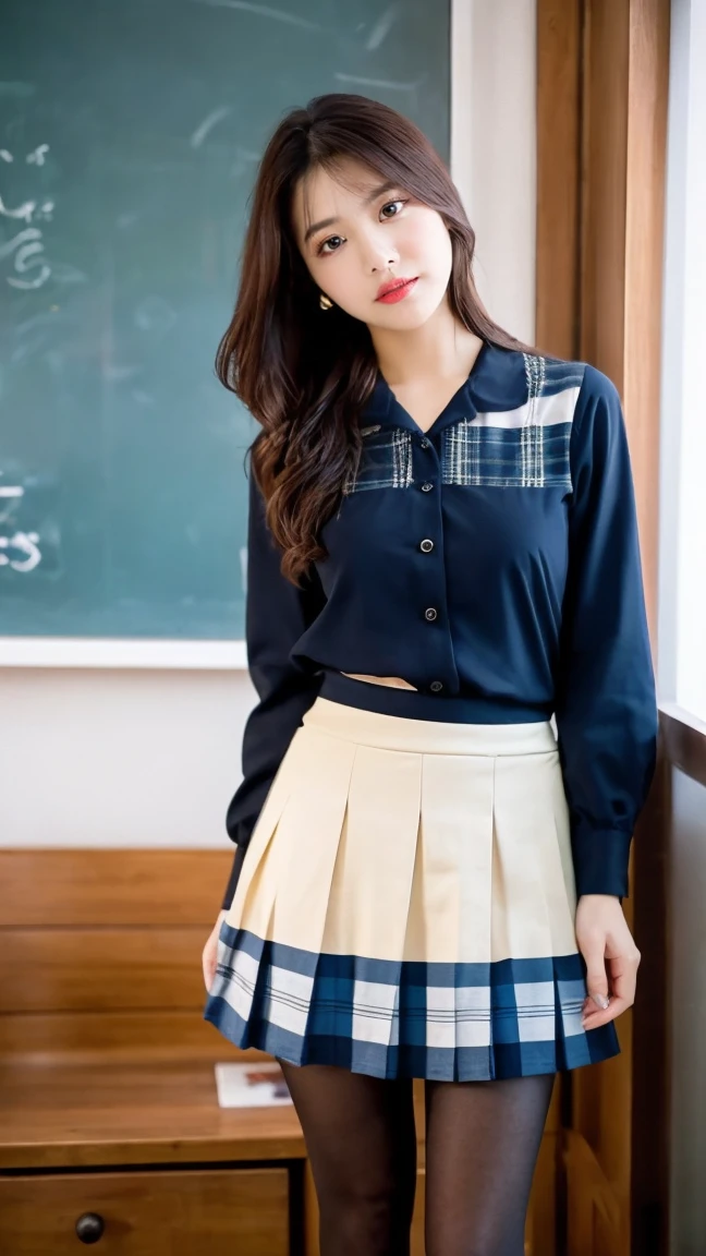 (((8K、High resolution、Highest quality、High resolution)))alone、Natural body shape、White skin、Natural Makeup、((Black Hair、bangs、Straight Long Hair))、((()))、、(:1.4)、(())、(((((Full body photo)))))、(((Looking into the camera)))、(((Wear a uniform on the upper body)))、Bedroom、(((Of high school))) 、((white collared long sleeve blouse))、((Beige cardigan))、((Pleated skirt with dark blue plaid pattern、mini skirt、Ultra-realistic pantyhose))、、、Expressionless、((Exposing thighs))