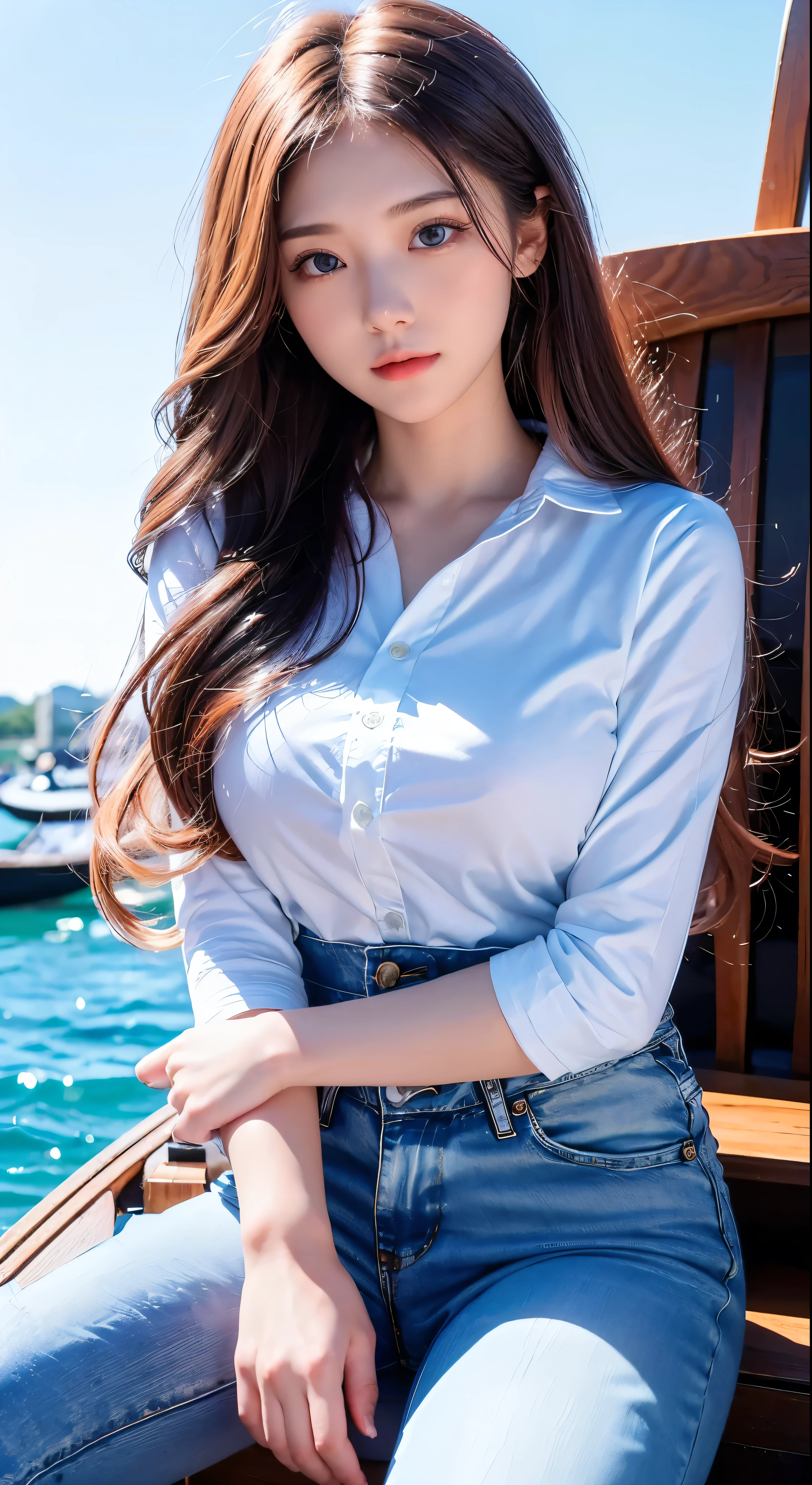 masterpiece, Highest quality, Very detailed, Unity 8K wallpapers, (Riding a gondola), Sky, 1 girl, Gradient Hair, Hair between the eyes, Facial details, age: 16,  Cute face, White knee socks,Girl in denim pants and white clothes。Please change the filled area to the sea.,