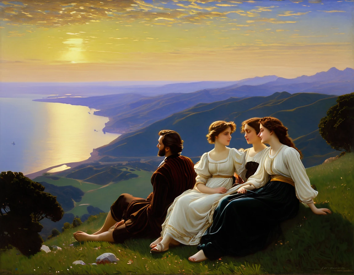 painting of a couple and two children sitting on a hill, inspired by Frederick Lord Leighton, inspired by Frederic Leighton, by Frederic Leighton, by Frederick Lord Leighton, inspired by Walter Leighton Clark, ledmund leighton, by Walter Leighton Clark, by Alexandre Cabanel, preraphaelite, preraphaelite style, inspired by Alexandre Cabanel, romanticism painting, romantic painting