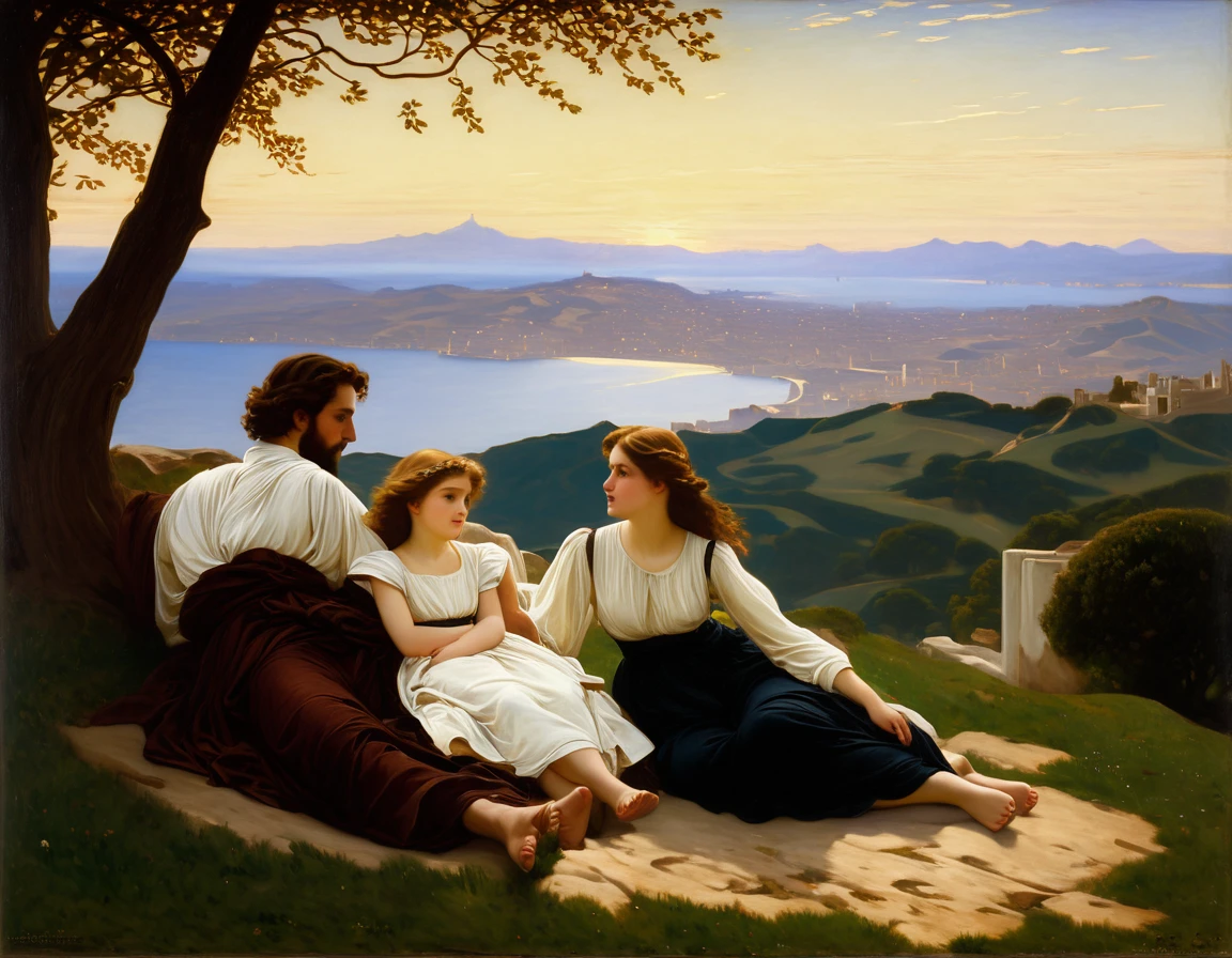 painting of a couple and two children sitting on a hill, inspired by Frederick Lord Leighton, inspired by Frederic Leighton, by Frederic Leighton, by Frederick Lord Leighton, inspired by Walter Leighton Clark, ledmund leighton, by Walter Leighton Clark, by Alexandre Cabanel, preraphaelite, preraphaelite style, inspired by Alexandre Cabanel, romanticism painting, romantic painting