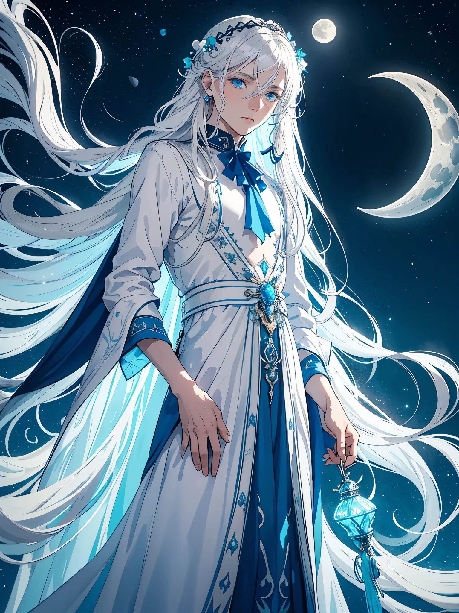 Männlich. Boy. Mann. Long hair. long white hair. aquatic, boy, Goddess of the Moon, silver hair accessories, White hair, blue flowers. Blue lights. blue dress, cape, at night, saturated colors, light eyes, bright, light blue light, blue eyes, Jewelry silver