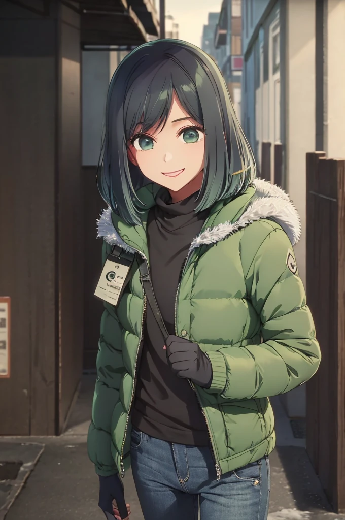 girl, jeans, dark green puffer jacket, black gloves, street, smile, snow