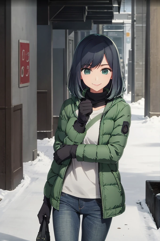 girl, jeans, dark green puffer jacket, black gloves, street, smile, snow
