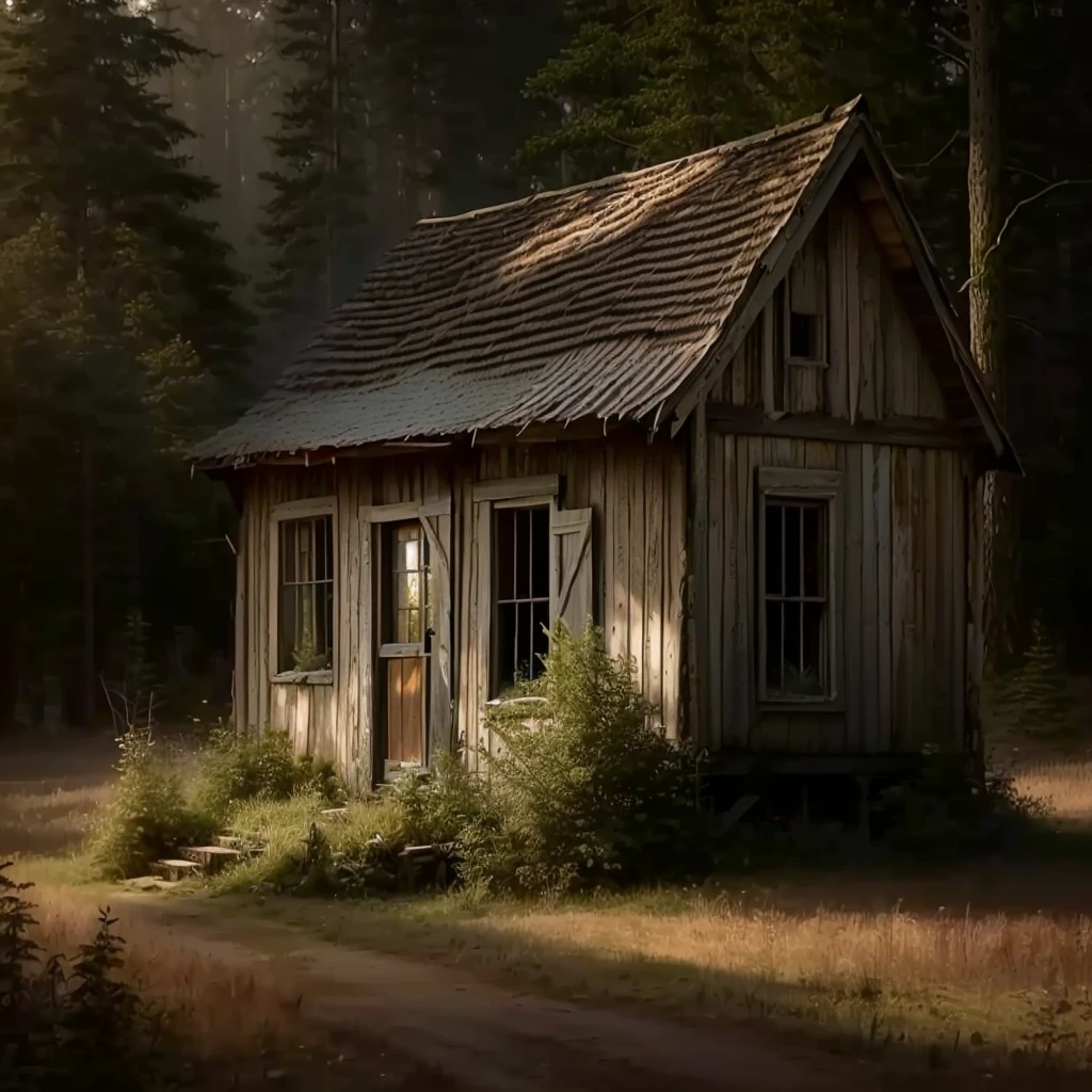 there is a small wooden cabin in the middle of a field, solitary cottage in the woods, a pequena house in the florest, cottage in the woods, cottage in the woods, cabin in the forest, old cabin, derelict house, house in the wood, a house in the florest, house in the florest, house background, location of a dark old house, old house