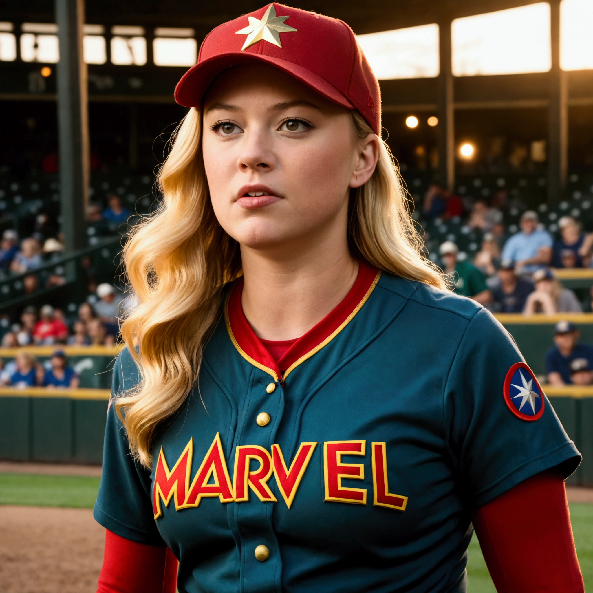 (Brea Larson, age 25, Captain Marvel, baseball cap, chewing tobacco) she is pitching the baseball, crowded dugout, baseball game
