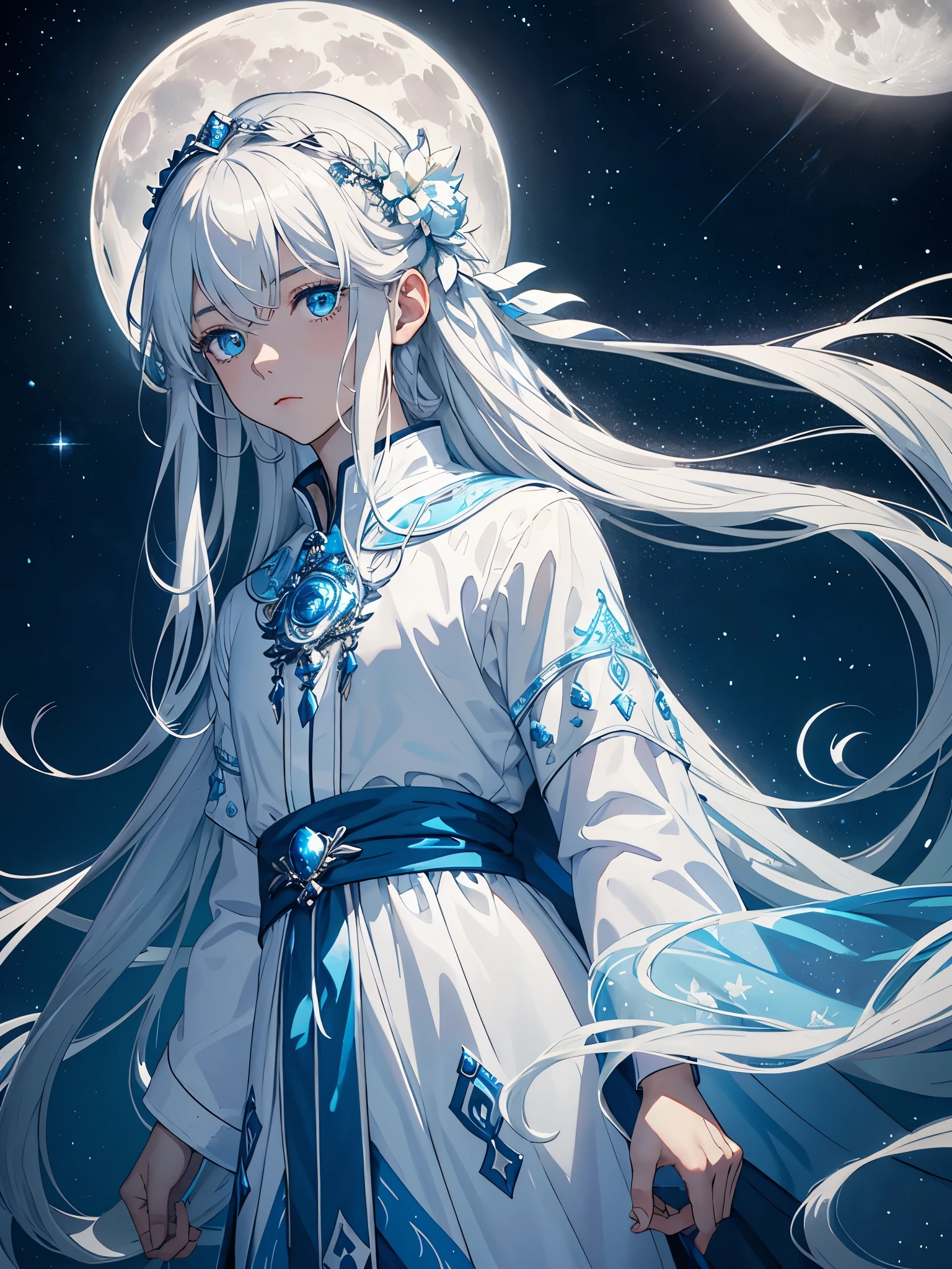 King of the moon. Long hair. long white hair. aquatic, boy, Goddess of the Moon, silver hair accessories, White hair, blue flowers. Blue lights. blue dress, cape, at night, saturated colors, light eyes, bright, light blue light, blue eyes, Jewelry silver