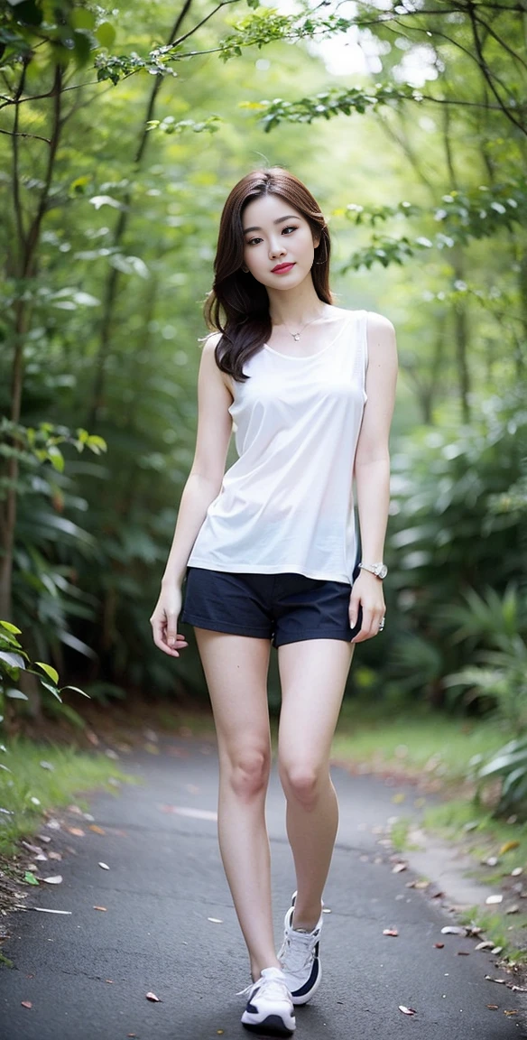 masterpiece, best quality, Surreal, Ultra Detailed, 8k resolution, RAW photos, Clear focus, (A girl in the forest), ((light gray shirt)), sleeveless, sports Shorts,, Solitary, Perfect body, Perfect body, Bangs to eyebrows、Beautiful brown hair、Beautiful and delicate eyes、Brown eyes、Raise an eyebrow、Bangs to eyebrows、Beautiful brown hair、Beautiful and delicate eyes、Slender legs,Brown eyes、Raise an eyebrow、High Nose、Small nostril、Little mouth、Tempting lips、Mouth slightly open、Beautiful breasts、Full body、Oval face,Phoenix Eyes,Eyebrow, Double eyelids, Long eyelashes, A faint smile, full-body shot:1.2,She has a pair of eyes as clear as water,Eyebrows are like distant mountains,Creamy skin,Lips like cherry blossoms,玉Slender legs如柳枝,Her beauty is not only in appearance,It's more about her fragile yet tenacious temperament,Like a hibiscus flower swaying in the wind,It's pitiful, A faint smile, full-body shot:1.2,Playful and flirty pose,The calves are straight and thin:1.5,Wear high-end brand colored sneakers:1.5, 32 inches in the chest,(a charming smile:1.2), (sexy pose),26 years old, light,White shoes,