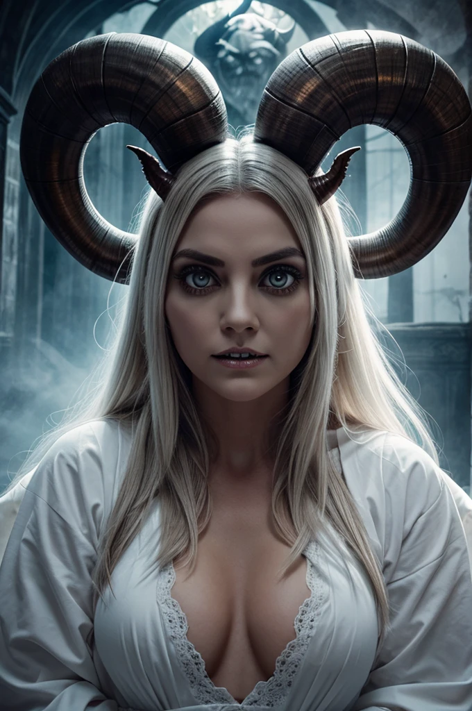 Make an image of a ghost having two big horns on head big teeth wide eyes terrifying