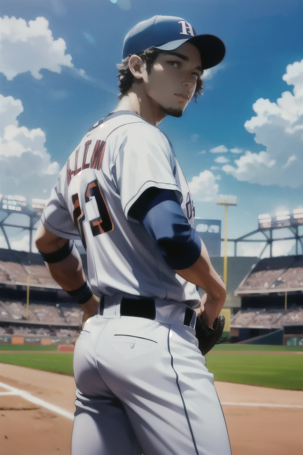 (best quality, masterpiece, high resolution:1.2), detailed, baseball player, handsome, baseball field background, sky,