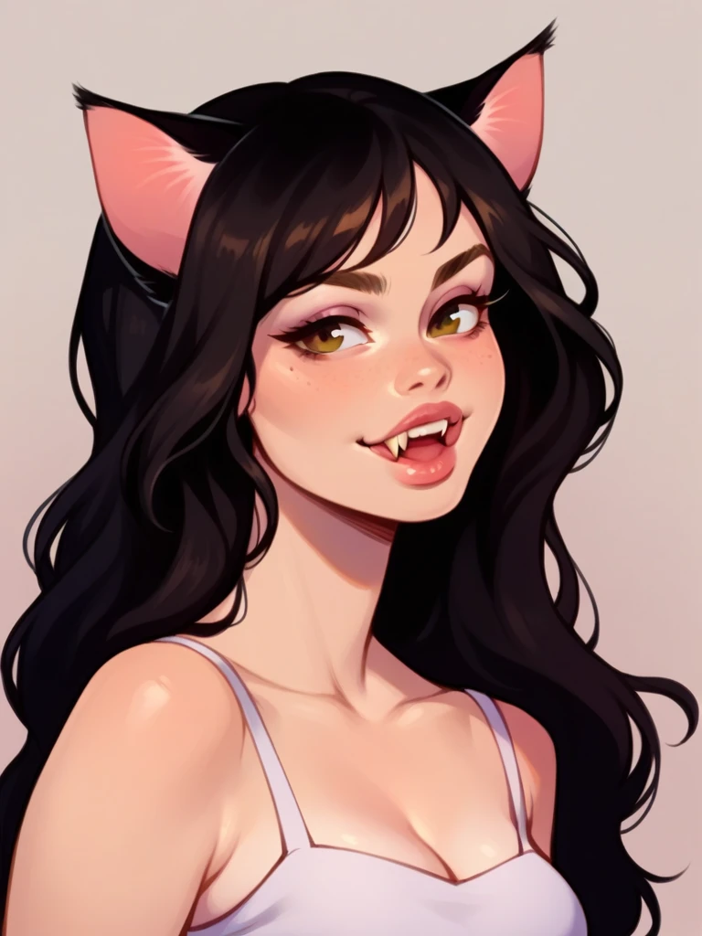 Half body, A beautiful woman, long wavy black hair, brown eyes, casual clothing, cat ears and tail, fangs, horns, i, thick lips