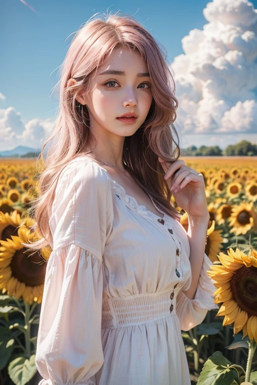 Light pink hair, Pink Eyes, Pink and white, Clouds in the blue sky, Vibrant colors, steampunk, blouse white、Paint splashes, Sunflower field, Wavy long hair、