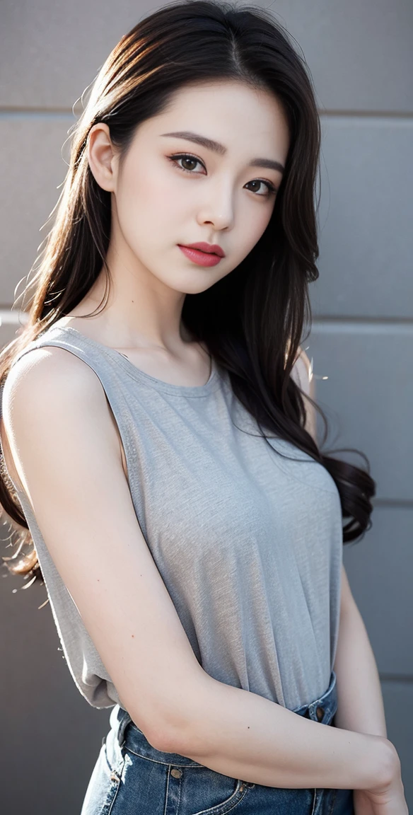 Highest quality, 1 beautiful woman, 28 years old, Oval face,Phoenix Eyes,Eyebrow, Double eyelids, Long eyelashes, A faint smile, ,s, 35mm lens, F/1, Cowboy shot, Specific Background、Tiled background、Perm、sweat ((light gray shirt)), sleeveless,