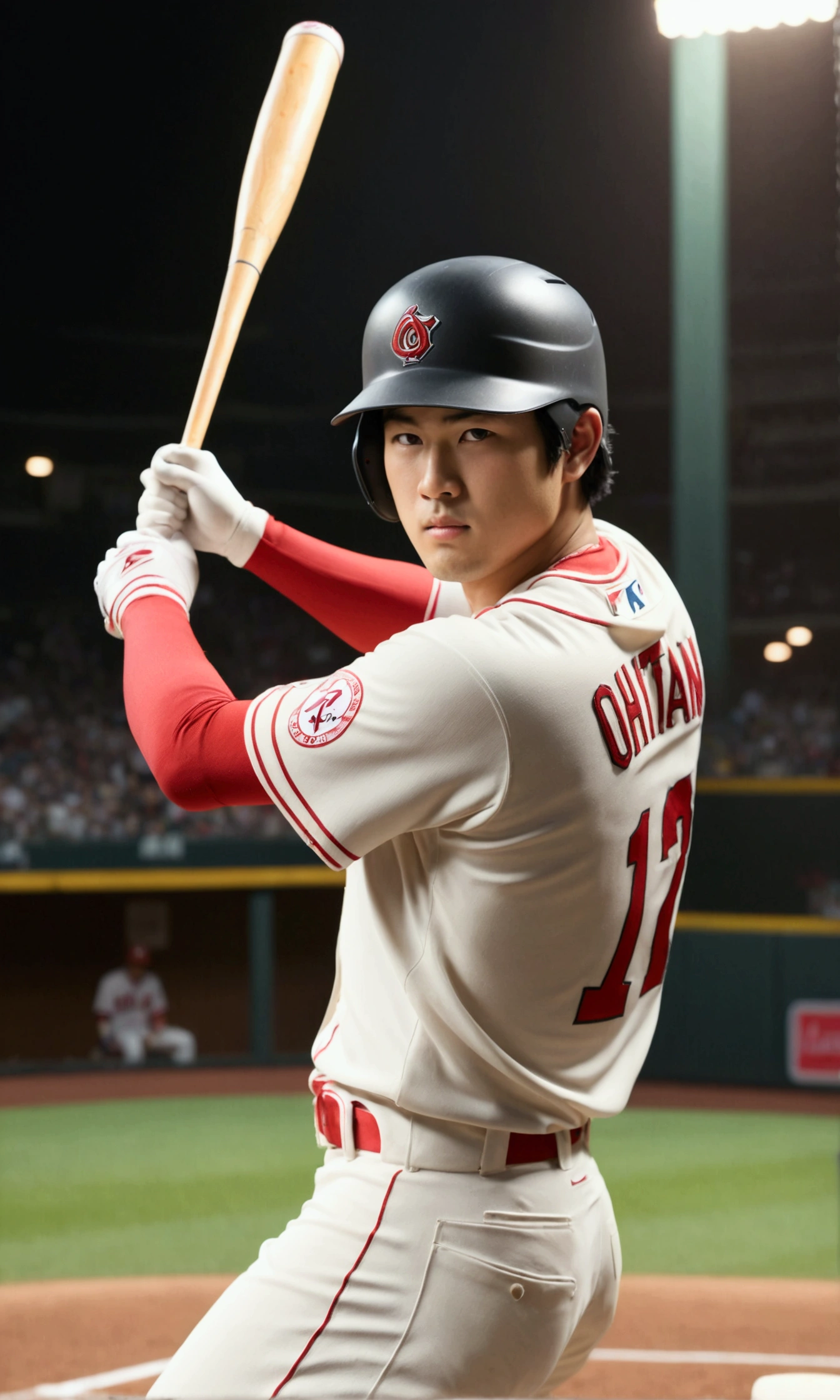 1boy, Shohei Ohtani, baseball player, batting stance, hitting home run, back shot, cinematic angle, detailed facial features, realistic, hyper-realistic, photorealistic, (best quality,4k,8k,highres,masterpiece:1.2),ultra-detailed,(realistic,photorealistic,photo-realistic:1.37),studio lighting,vivid colors,dramatic lighting