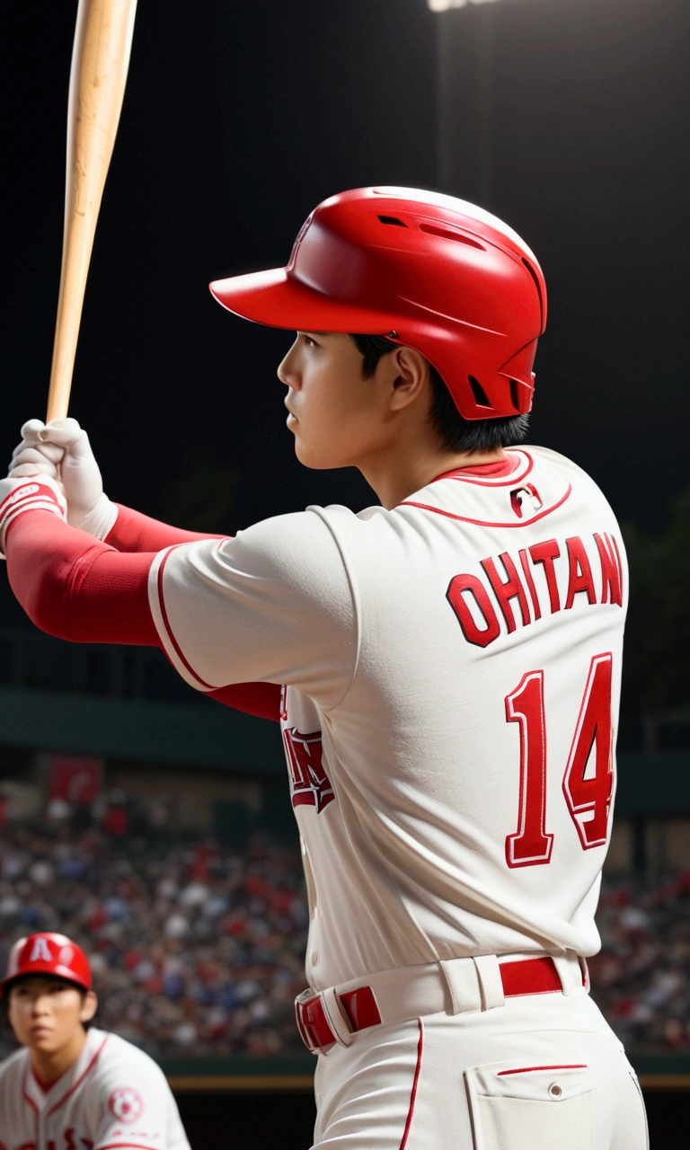 1boy, Shohei Ohtani, baseball player, batting stance, hitting home run, back shot, cinematic angle, detailed facial features, realistic, hyper-realistic, photorealistic, (best quality,4k,8k,highres,masterpiece:1.2),ultra-detailed,(realistic,photorealistic,photo-realistic:1.37),studio lighting,vivid colors,dramatic lighting