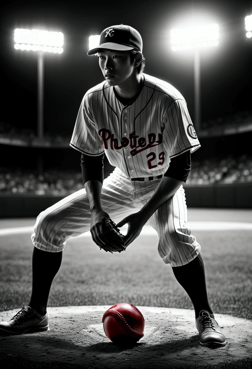(Baseball Player), Capture the ethereal light and shadow in a stunning photograph with selective color details, revealing the hidden poetry of (glowing baseball), full body, award-winning, cinematic still, emotional, vignette, dynamic, vivid, (masterpiece, best quality, Professional, perfect composition, very aesthetic, absurdres, ultra-detailed, intricate details:1.3), by Naoki Urasawa