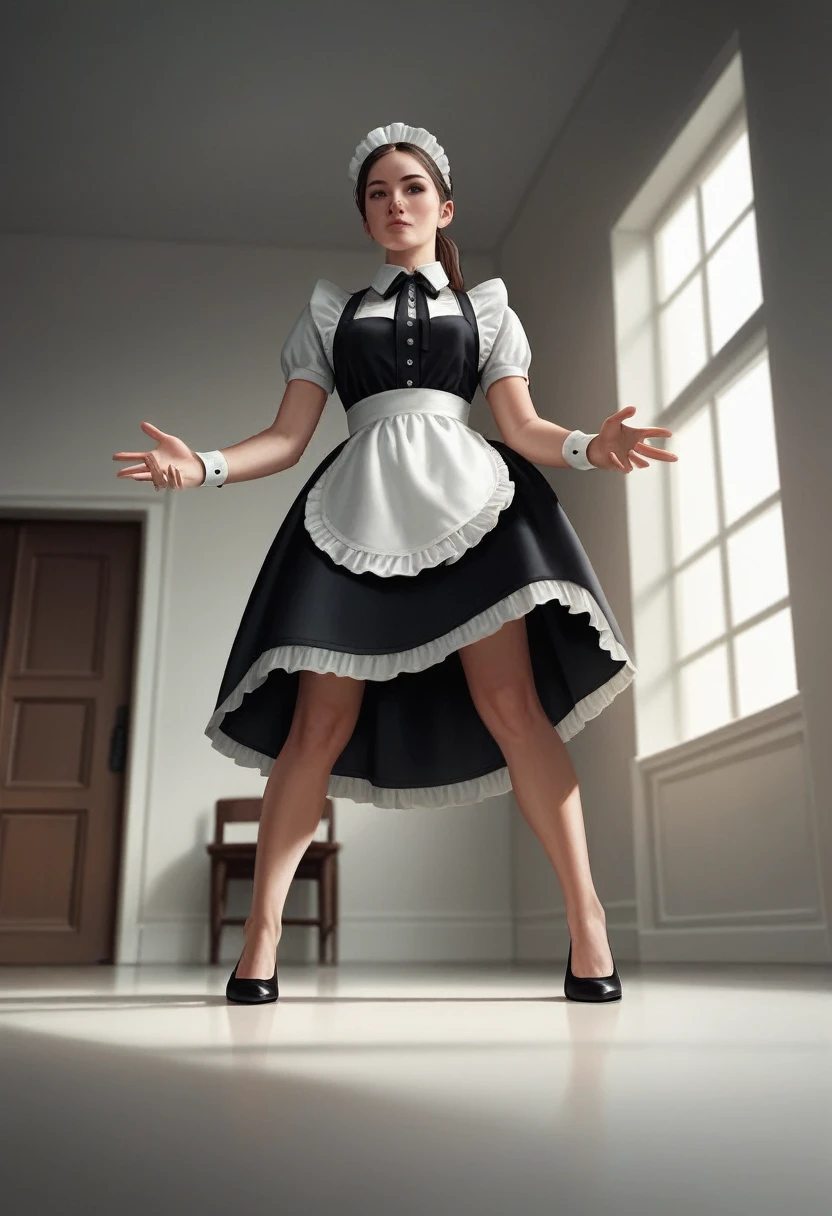 masterpiece, best quality, hyper-realistic, Cinematic Photo, 16 year old girl, pale skin, Amazingly slim American body, black ribbon, Maid outfit, long black ponytail, big legs, perfect hands, pretty face, perfect face, age, (blurry backround), modern style, from below, (low-Angle shoot), low_Angle_human, Towering, (Full body shot), squat, kneeling, Sub-recording, (view viewer), Viewers look at,(8K, epic composition, photorealestic, keen focus), demanding background, Interior view of the manor hall, dslr, Folienkorn, Contre-Jour
