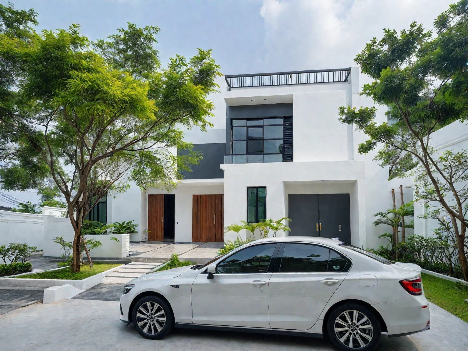 RAW photo, a photo of a modern villa, sidewalk, sidewalk trees, steel gate, road, viet nam modern residence, a car parked in front of it, rough white wall, new residential area, wide angle exterior 2022, contemporary house, exterior photography, masterpiece, contemporary architecture, overcast, indirect lighting