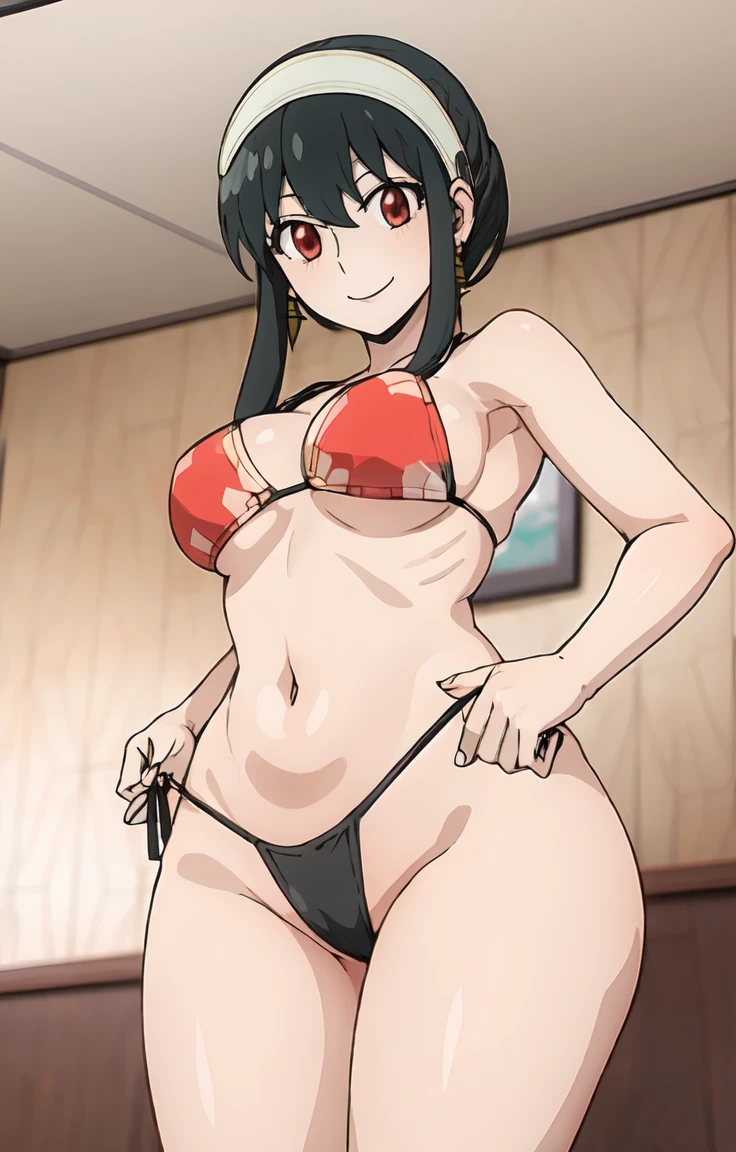 score_9, score_8_up, score_7_up, source_anime, from below, looking at viewer, eyes smile ,  big breasts , wide hips  , milf body, 1girl, yorbriar, yor briar, black hair, (red eyes:1.5), earrings, (((white hairband))), hairband,  ,short hair ,  long locks , kitagawa_bikini , bedroom 