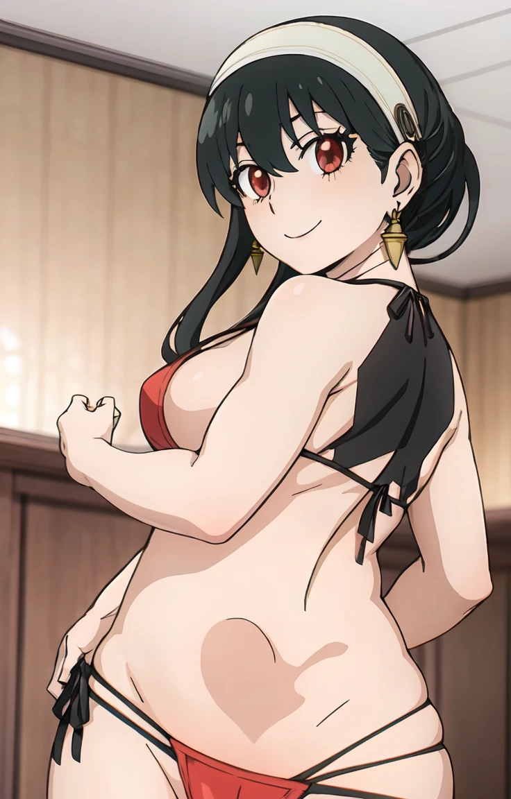 score_9, score_8_up, score_7_up, source_anime, from below, looking at viewer, eyes smile ,  big breasts , wide hips  , milf body, 1girl, yorbriar, yor briar, black hair, (red eyes:1.5), earrings, (((white hairband))), hairband,  ,short hair ,  long locks , kitagawa_bikini , bedroom 