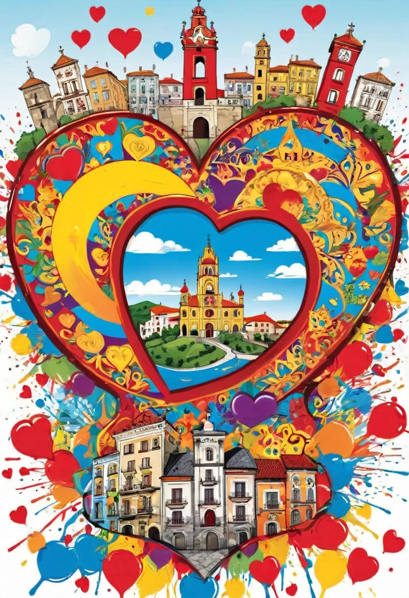 heart shape vector art with a colorful illustration, city of Barcelos, in the center, vibrant colors, paint splashes and stains, high detail, t-shirt designs (work of art, best quality, professional, perfect composition, very aesthetic, absurd, super detailed, Intricate details:1.3)