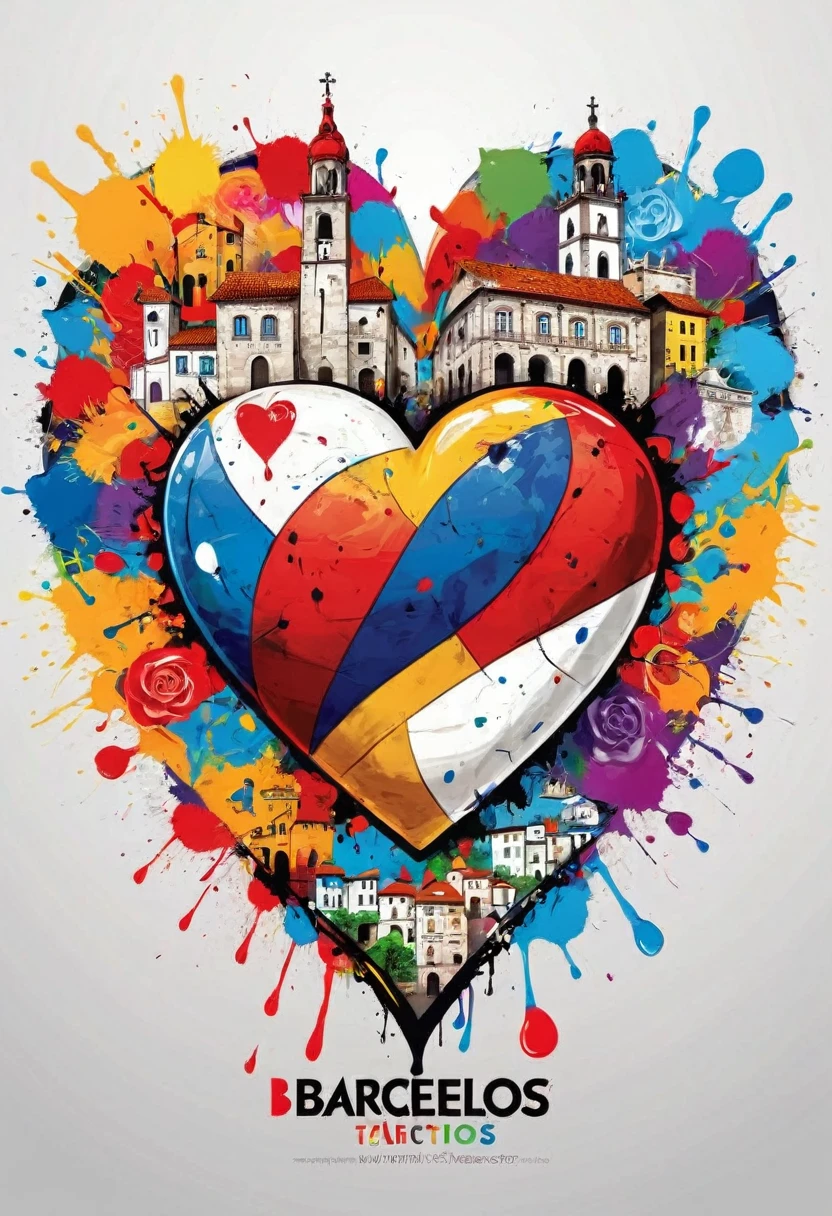 heart shape vector art with a colorful illustration, city of Barcelos, in the center, vibrant colors, paint splashes and stains, high detail, t-shirt designs (work of art, best quality, professional, perfect composition, very aesthetic, absurd, super detailed, Intricate details:1.3)