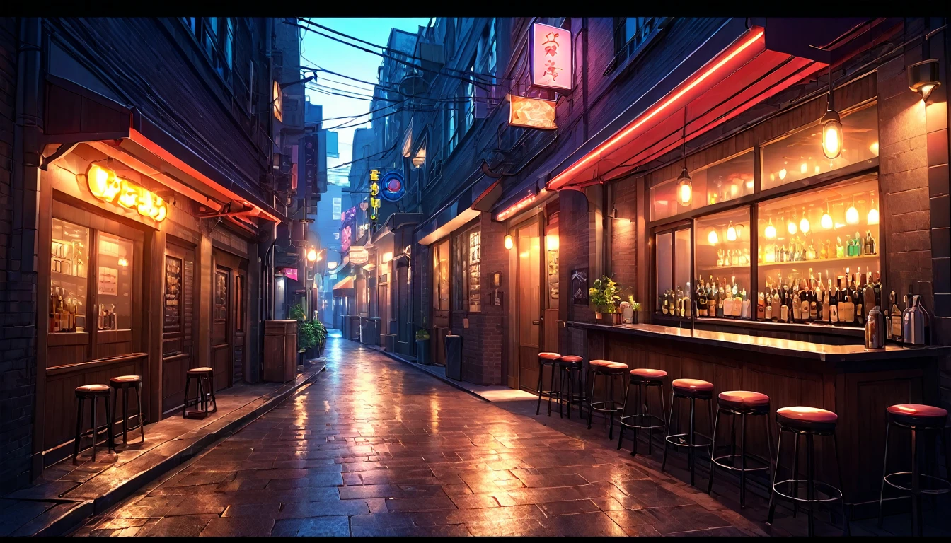 detailed anime street scene, bright alley, bar entrance, cinematic lighting, dramatic shadows, neon sign, (best quality,4k,8k,highres,masterpiece:1.2),ultra-detailed,(realistic,photorealistic,photo-realistic:1.37),vibrant colors,cinematic lighting,moody atmosphere