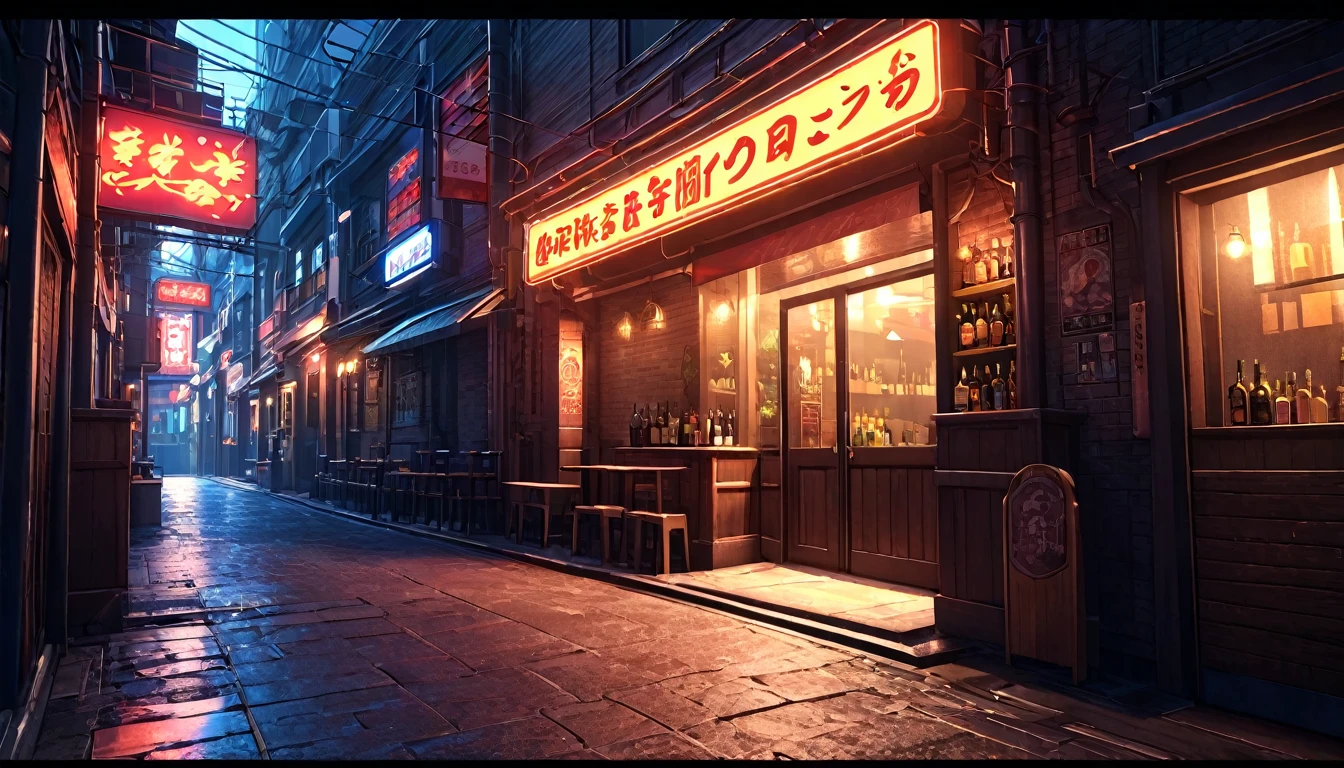 detailed anime street scene, bright alley, bar entrance, cinematic lighting, dramatic shadows, neon sign, (best quality,4k,8k,highres,masterpiece:1.2),ultra-detailed,(realistic,photorealistic,photo-realistic:1.37),vibrant colors,cinematic lighting,moody atmosphere