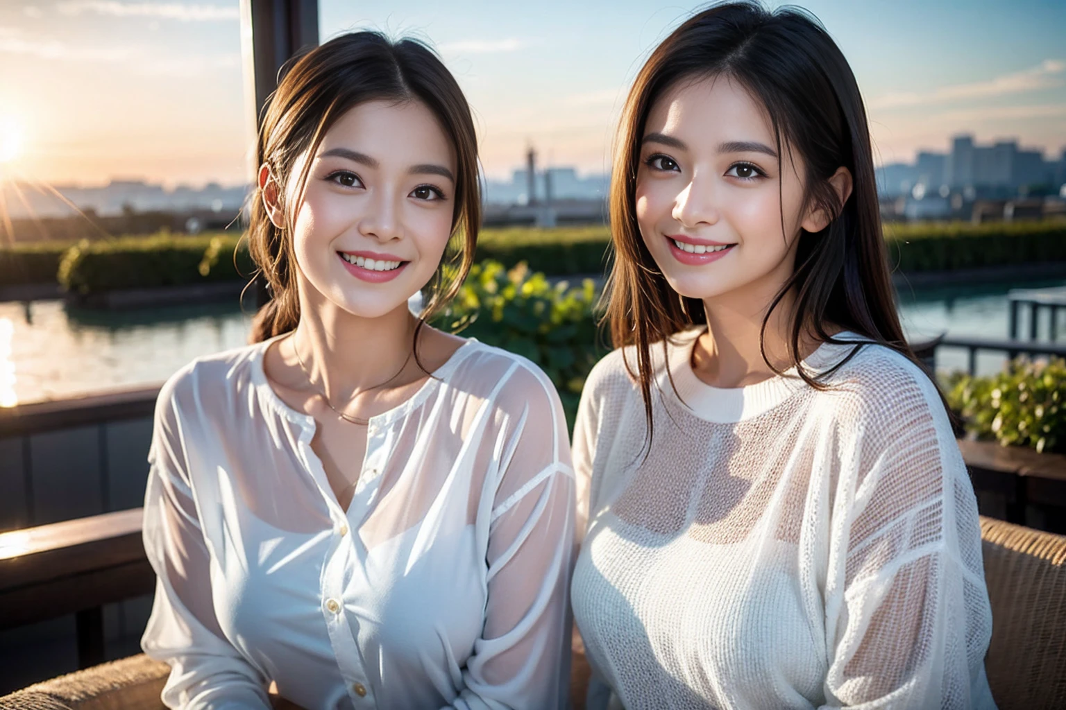 ((Highest quality、、masterpiece:1.3))、1 male、1 female,44 years old 39 years old、Shine the light on my face、Slim Beauty、Beautiful couple、Upper Body、smile、 (Slim face), (the body is スリム), (Brown Hair), (Shortcuts), テーブルのフルコースディナーとwine glass、Amazing view of the sunset sky and clouds、smileの美しさ、Wine bottle、sparkling wine、Long sleeve shirt、dress、White wine, red wine, wine glass, Beautiful fine grain, Depth f/2,saturation, High Contrast, Strong light and shadow,Moist Body:1.5、 texture、The hair is very shiny、