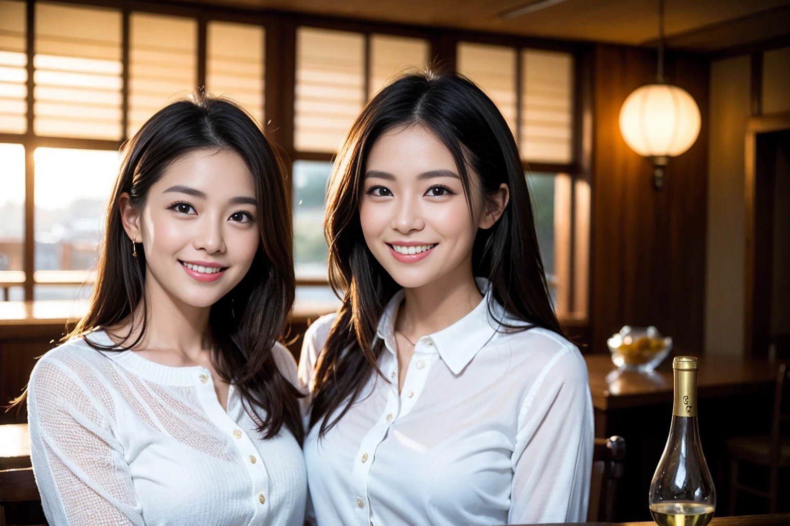 ((Highest quality、、masterpiece:1.3))、1 male、1 female,44 years old 39 years old、Shine the light on my face、Slim Beauty、Beautiful couple、Upper Body、smile、 (Slim face), (the body is スリム), (Brown Hair), (Shortcuts), テーブルのフルコースディナーとwine glass、Amazing view of the sunset sky and clouds、smileの美しさ、Wine bottle、sparkling wine、Long sleeve shirt、dress、White wine, red wine, wine glass, Beautiful fine grain, Depth f/2,saturation, High Contrast, Strong light and shadow,Moist Body:1.5、 texture、The hair is very shiny、