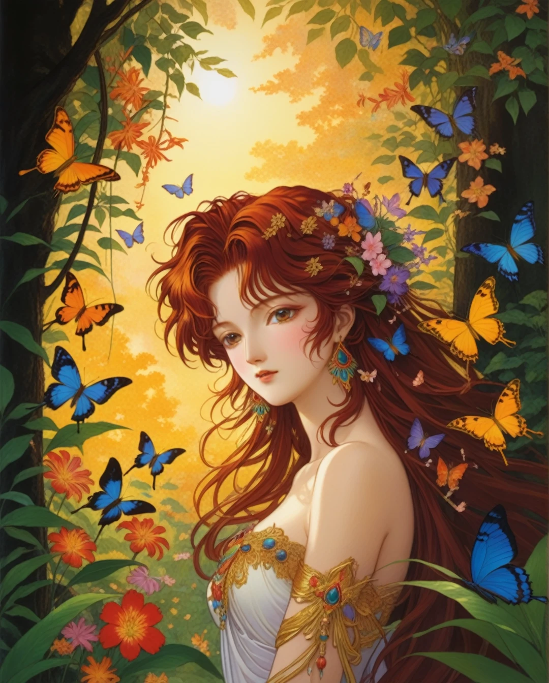 Art style by Akihiro Yamada, Art style by Suehiro Maruo, Art style by Ayami Kojima, (Masterpiece, Top Quality, Super Detail, High Resolution, Best Illustration), Create a breathtaking illustration of a goddess surrounded by a vibrant, lush summer forest during the golden hour. She should be depicted with intricate details, adorned with delicate flowers that bloom around her, embodying the essence of nature.Incorporate colorful elements, such as butterflies fluttering gracefully around her and playful frogs nestled among the foliage. Add ravens perched nearby, adding a touch of mystique to the scene. The lighting should capture the warm glow of the golden hour, enhancing the richness of colors and creating a magical, ethereal atmosphere. Focus on crafting a visually stunning masterpiece that celebrates the beauty and harmony of nature, bringing the goddess and her enchanting surroundings to life.