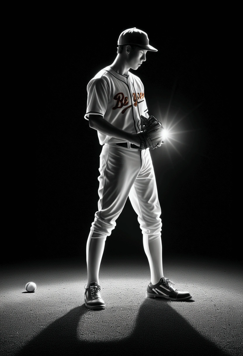 (Baseball Player), Capture the ethereal light and shadow in a stunning photograph with selective color details, revealing the hidden poetry of (glowing objects), full body, award-winning, cinematic still, emotional, vignette, dynamic, vivid, (masterpiece, best quality, Professional, perfect composition, very aesthetic, absurdres, ultra-detailed, intricate details:1.3), by Naoki Urasawa