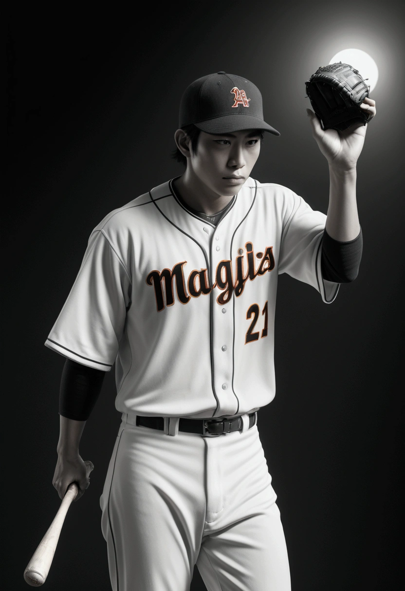 (Baseball Player), Capture the ethereal light and shadow in a stunning photograph with selective color details, revealing the hidden poetry of (glowing objects), full body, award-winning, cinematic still, emotional, vignette, dynamic, vivid, (masterpiece, best quality, Professional, perfect composition, very aesthetic, absurdres, ultra-detailed, intricate details:1.3), by Naoki Urasawa