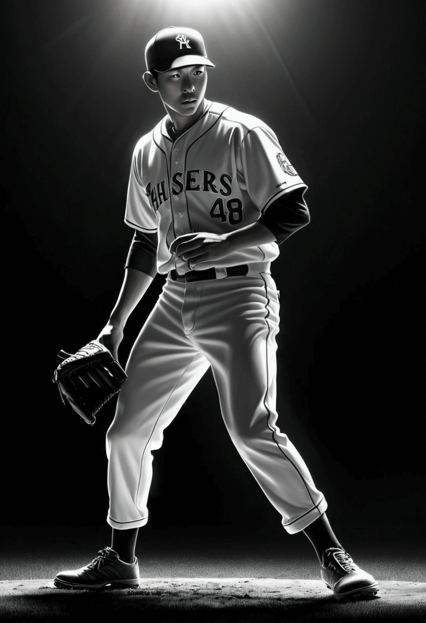 (Baseball Player), Capture the ethereal light and shadow in a stunning photograph with selective color details, revealing the hidden poetry of (glowing objects), full body, award-winning, cinematic still, emotional, vignette, dynamic, vivid, (masterpiece, best quality, Professional, perfect composition, very aesthetic, absurdres, ultra-detailed, intricate details:1.3), by Naoki Urasawa