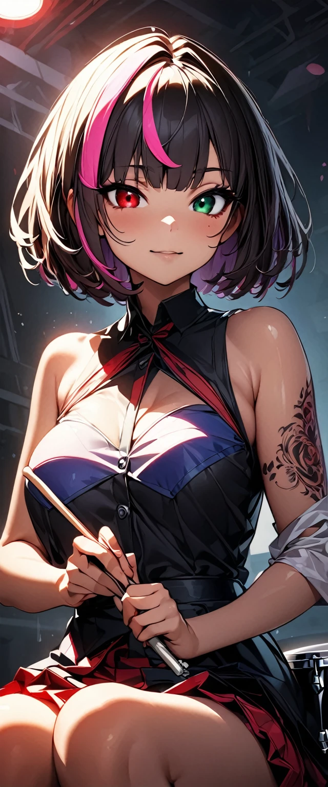 (highest quality:1.2, Very detailed, up to date, Vibrant, Ultra-high resolution, High Contrast, masterpiece:1.2, highest quality, Best aesthetics), Portraiture、girl、slim, , heterrochromia, green eye, red eye, ((playing the drums:1.9)), Passionate performance、stage、performance、Rock Music、Bright colors、Beautiful fine details、Beautiful lip detail、extra short hair, ((bob cut:1.5))、pink and purple ((streaked hair:1.9)), (highlights hair: 1.6), middium breast, (tan skin:1), Music band、(powerful pose:1)、Concert Light、Edgy Style、colorful Cheongsam, (no sleeve:1)、Dynamic Movement、hypnotic sounds、Stadium、amplifier、Loud music、Drams、rock drums set, (sitting inside the drums set:1.5), holding drum stick both hands,Sparkling stage、Concert atmosphere、Music Festival、Full of emotion、Rock star attitude、Resolute expression、Avid Fan、The presence of an attractive stage、 Expressive gestures、Rock star aura、An exciting atmosphere、Sing with all your heart、An unforgettable show, cowboy shot, (Floral Fineline tattoo design on right arm:1)